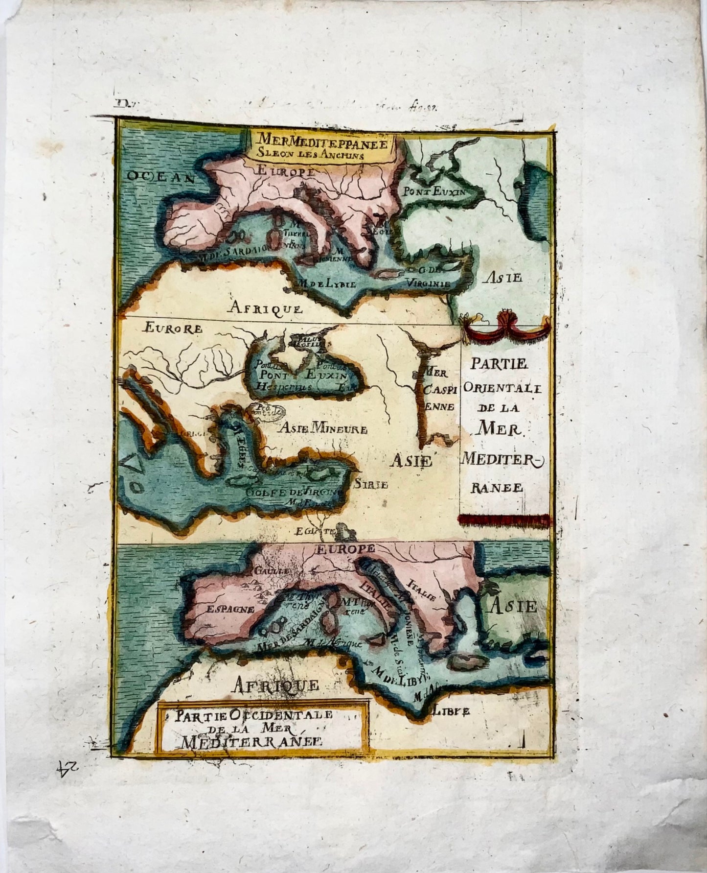 1719 Mediterranean map, Europe, Mallet, hand coloured, astronomy, map