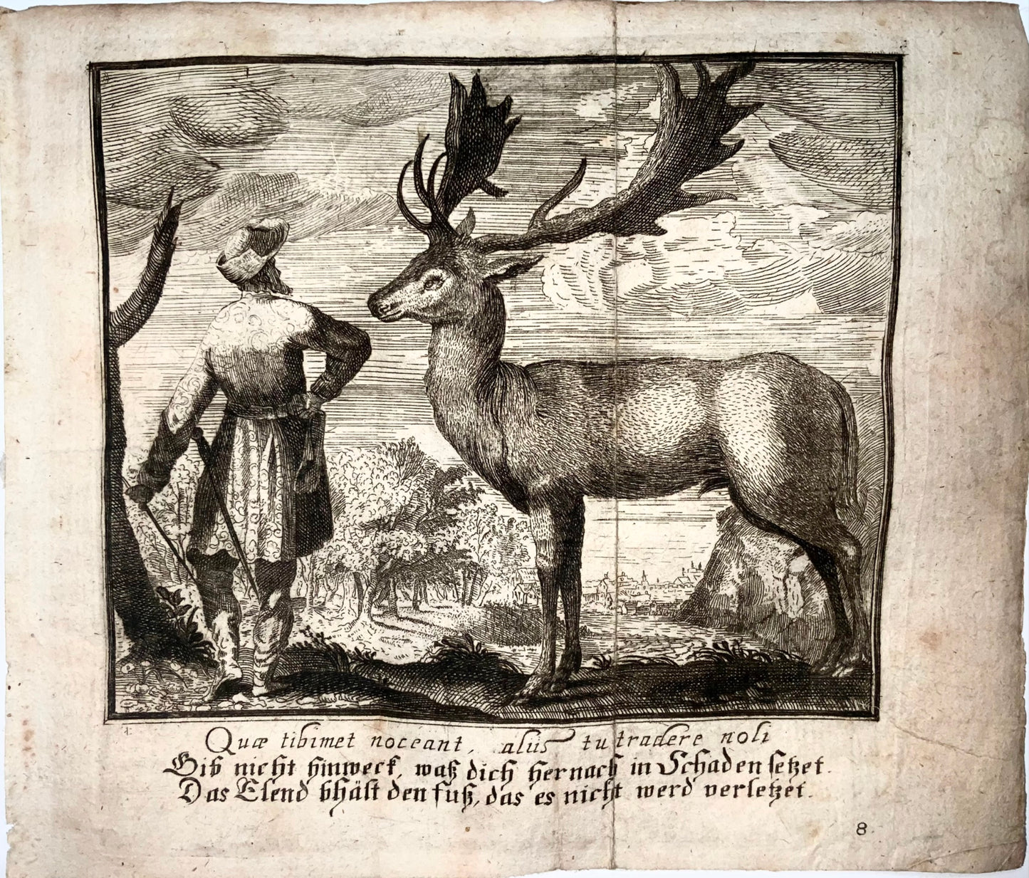 1689 Schmidts, Sadeler, emblem engraving, The Wise Reindeer, Aesop, Mammal
