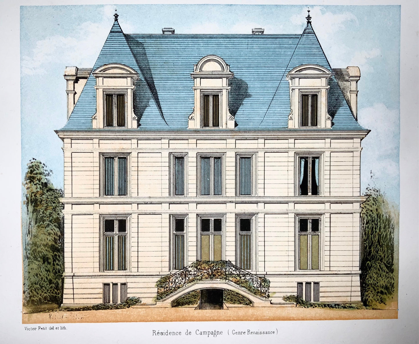 1855 Country Villa, E. Leblan, original folio hand-colored lithograph, hand finished, architecture