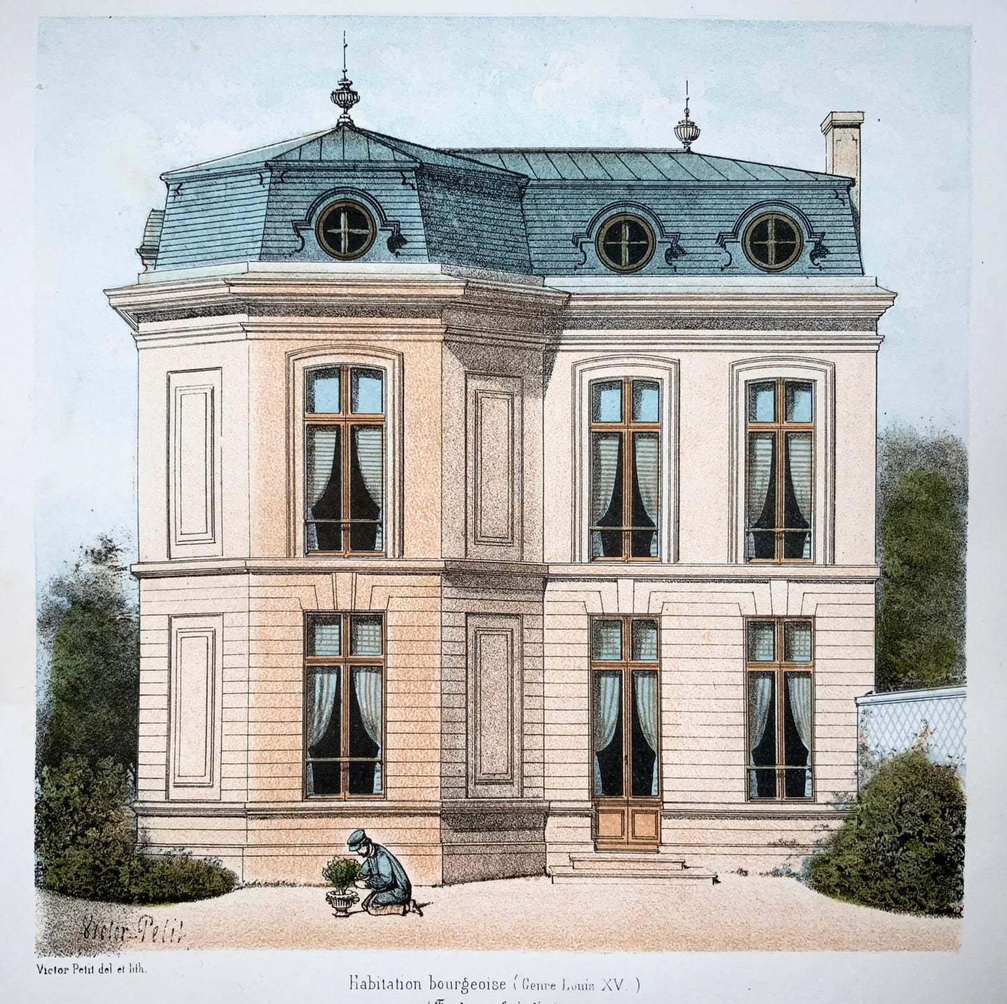 1855 Country House, E. Leblan, original folio colour lithograph, architecture