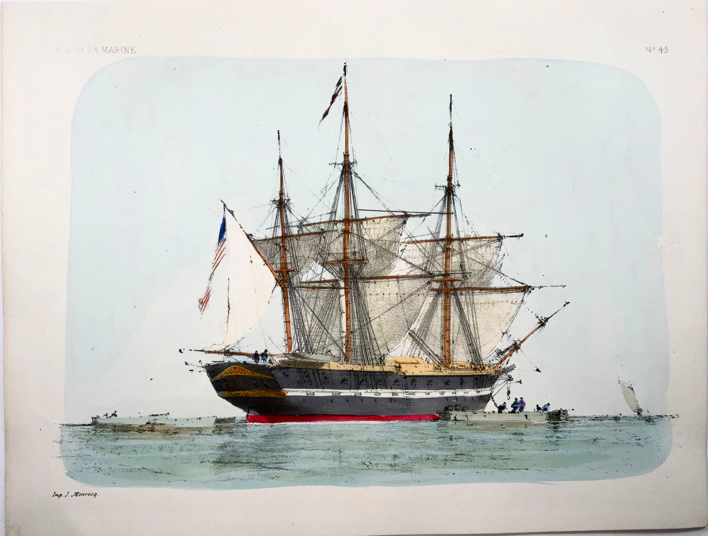 1865 American Frigate, L. Lebreton, ship, folio stone lithograph, hand colour