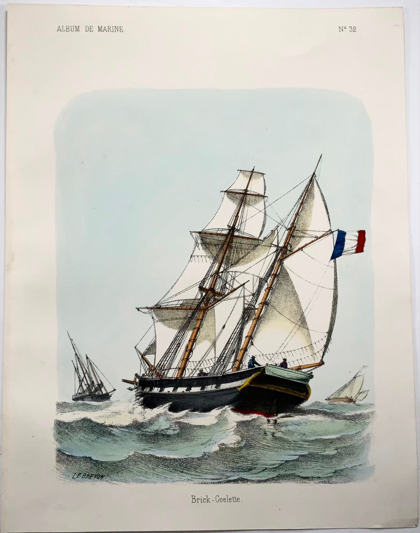 1865 Brig Schooner, L. Lebreton, ship, folio stone lithograph, hand colour