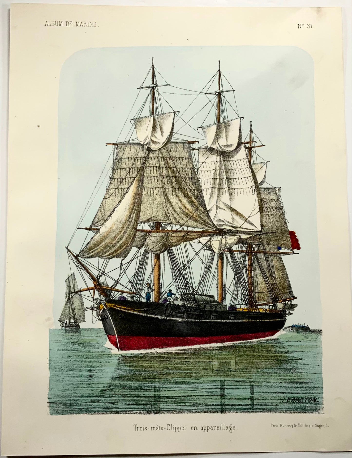 1865 Clipper, L. Lebreton, ship, folio stone lithograph, hand colour