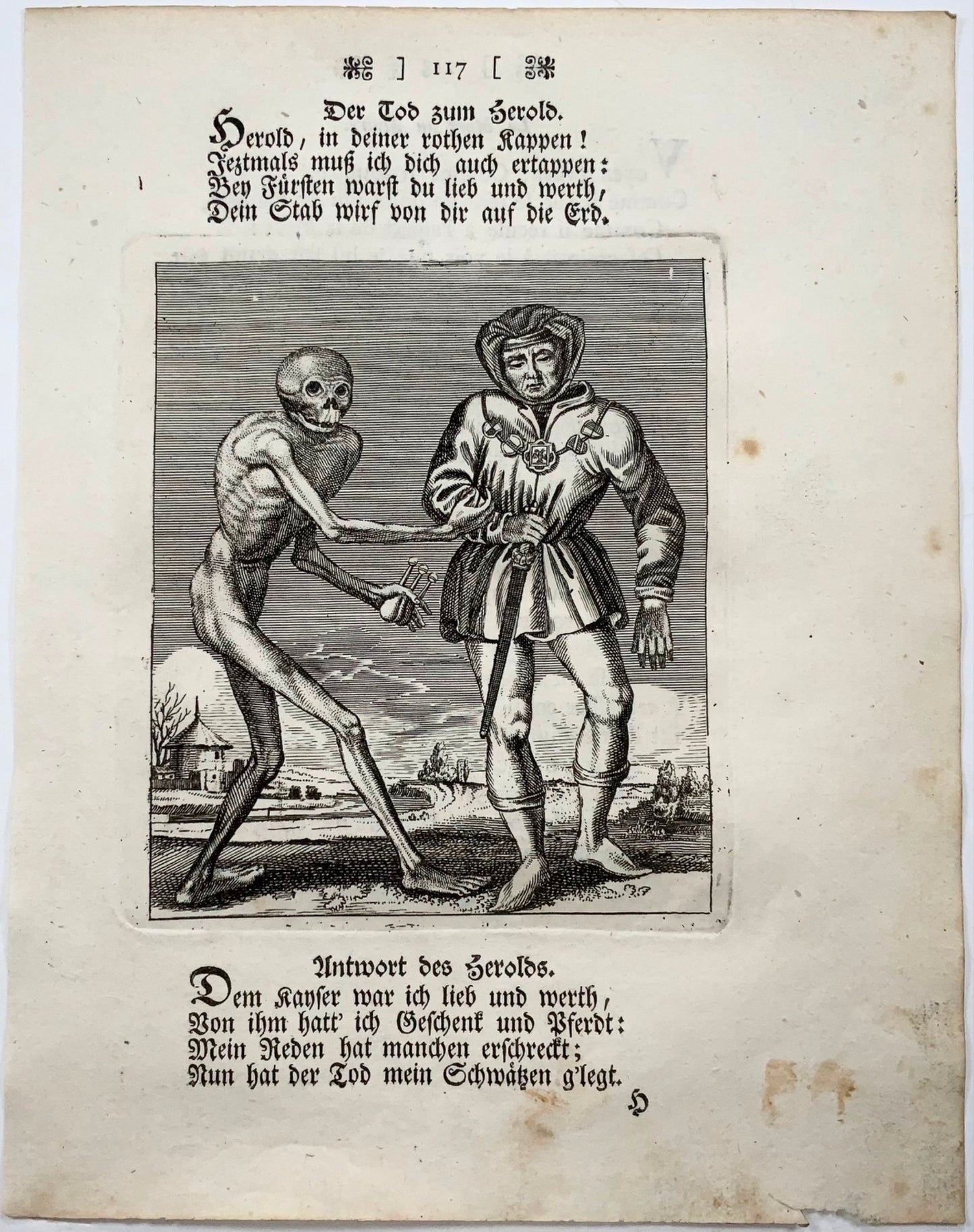 1744 Merian, Dance of Death, the Herald, copper engraving