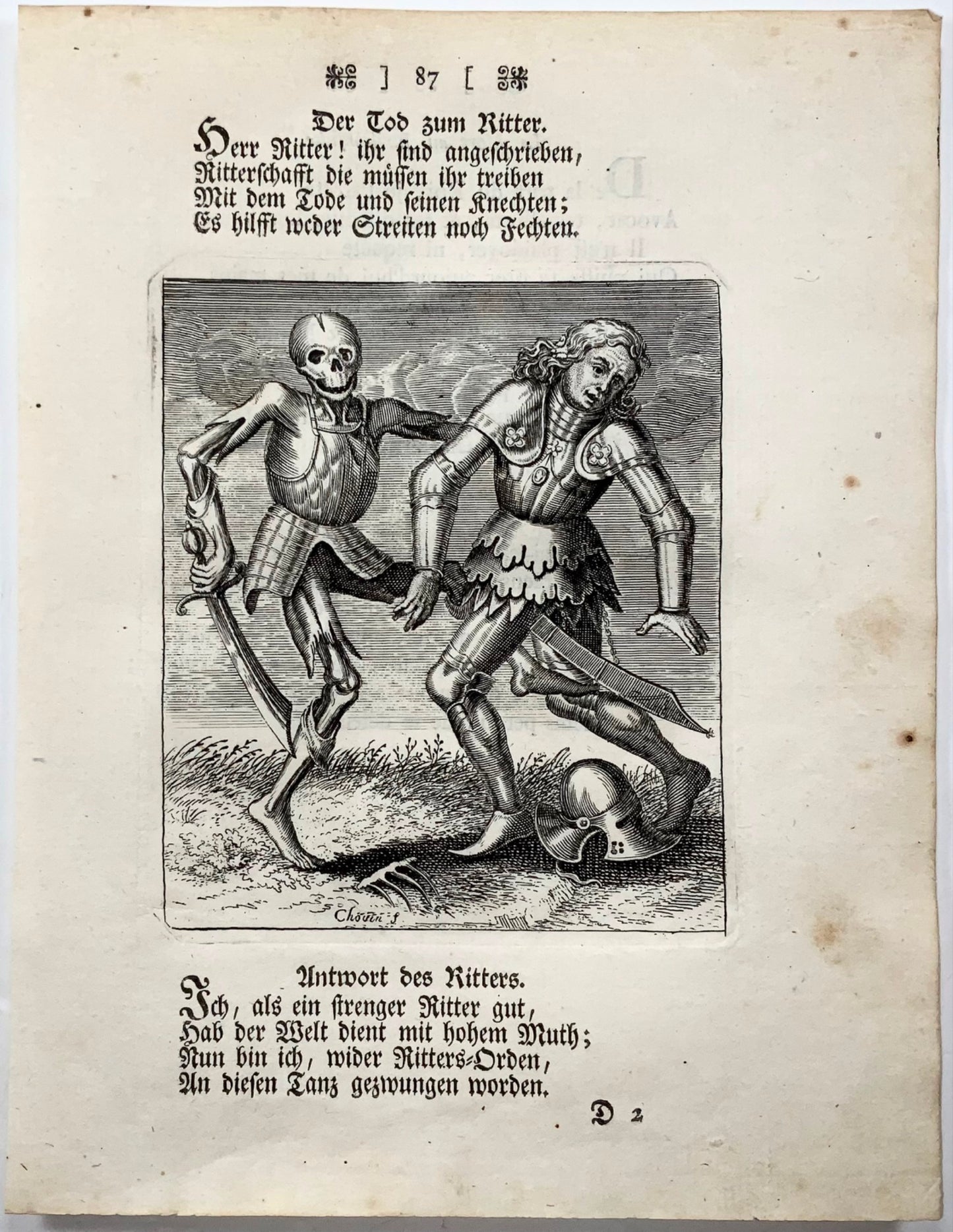 1744 Merian, Dance of Death, Knight in armour, copper engraving