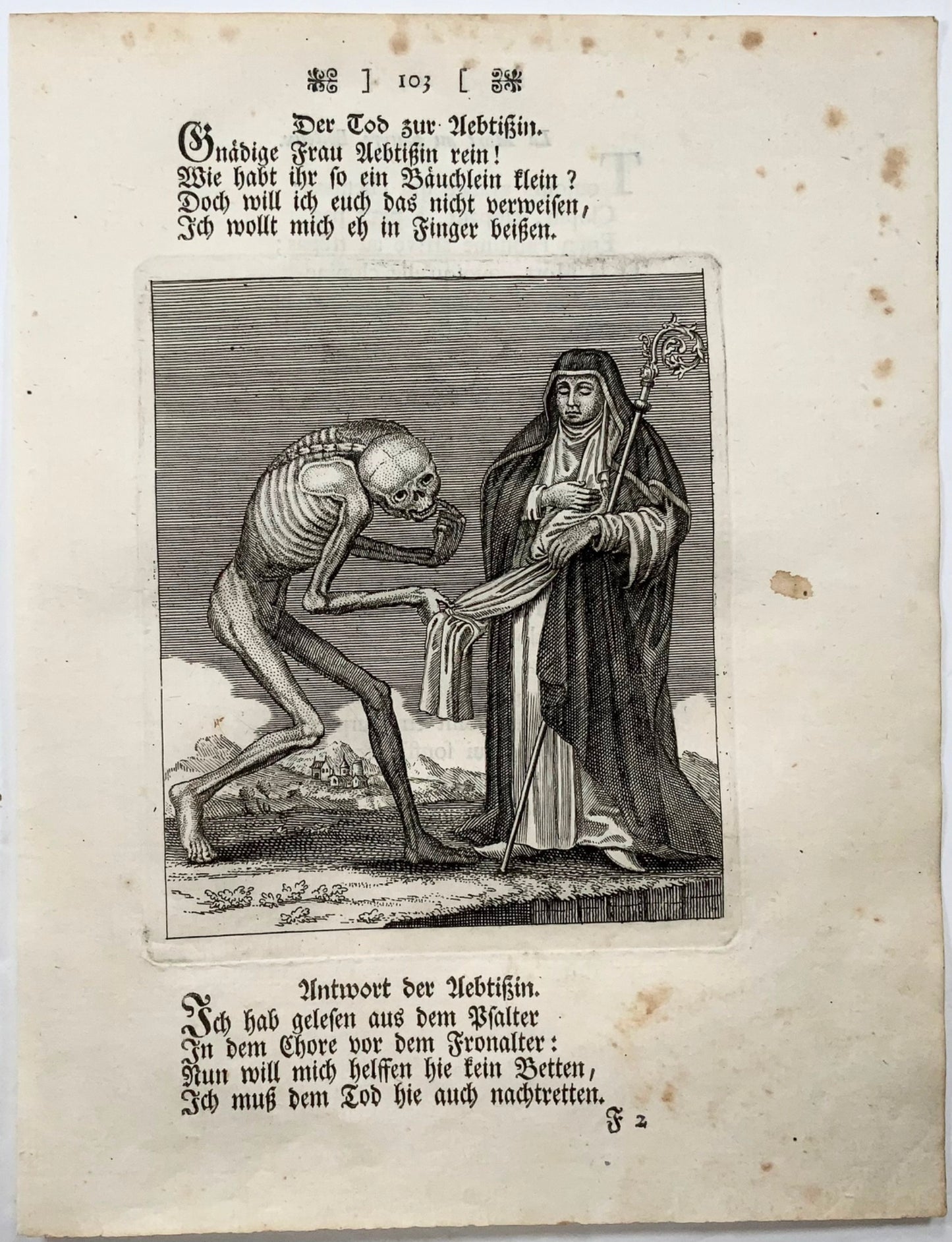 1744 Merian, Dance of Death, the Abbess, copper engraving