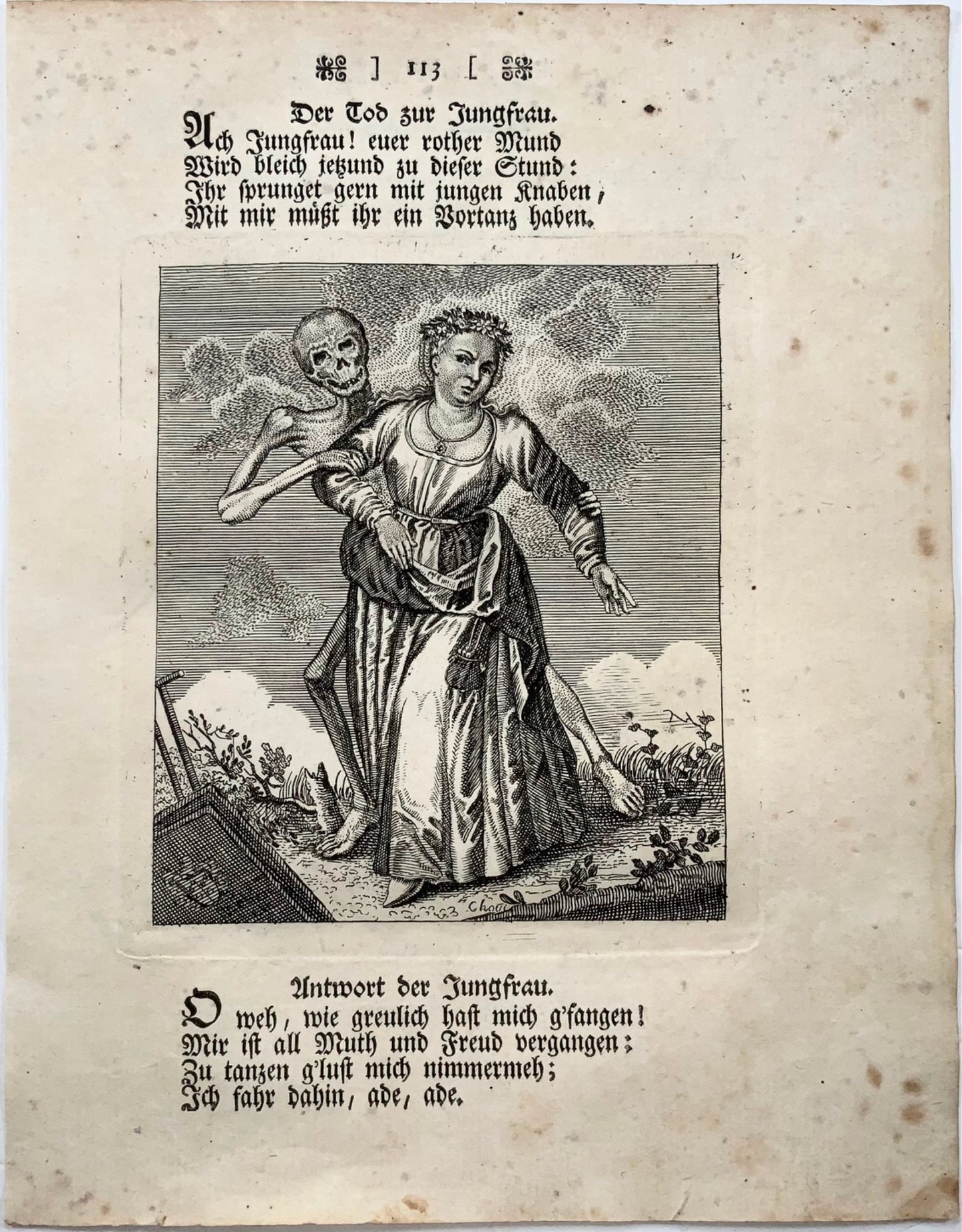 1744 Merian, Dance of Death, Young Woman, copper engraving