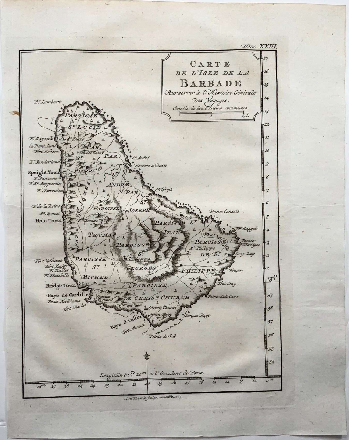 1777 Map of the island of Barbados in the Caribbean, Krevelt