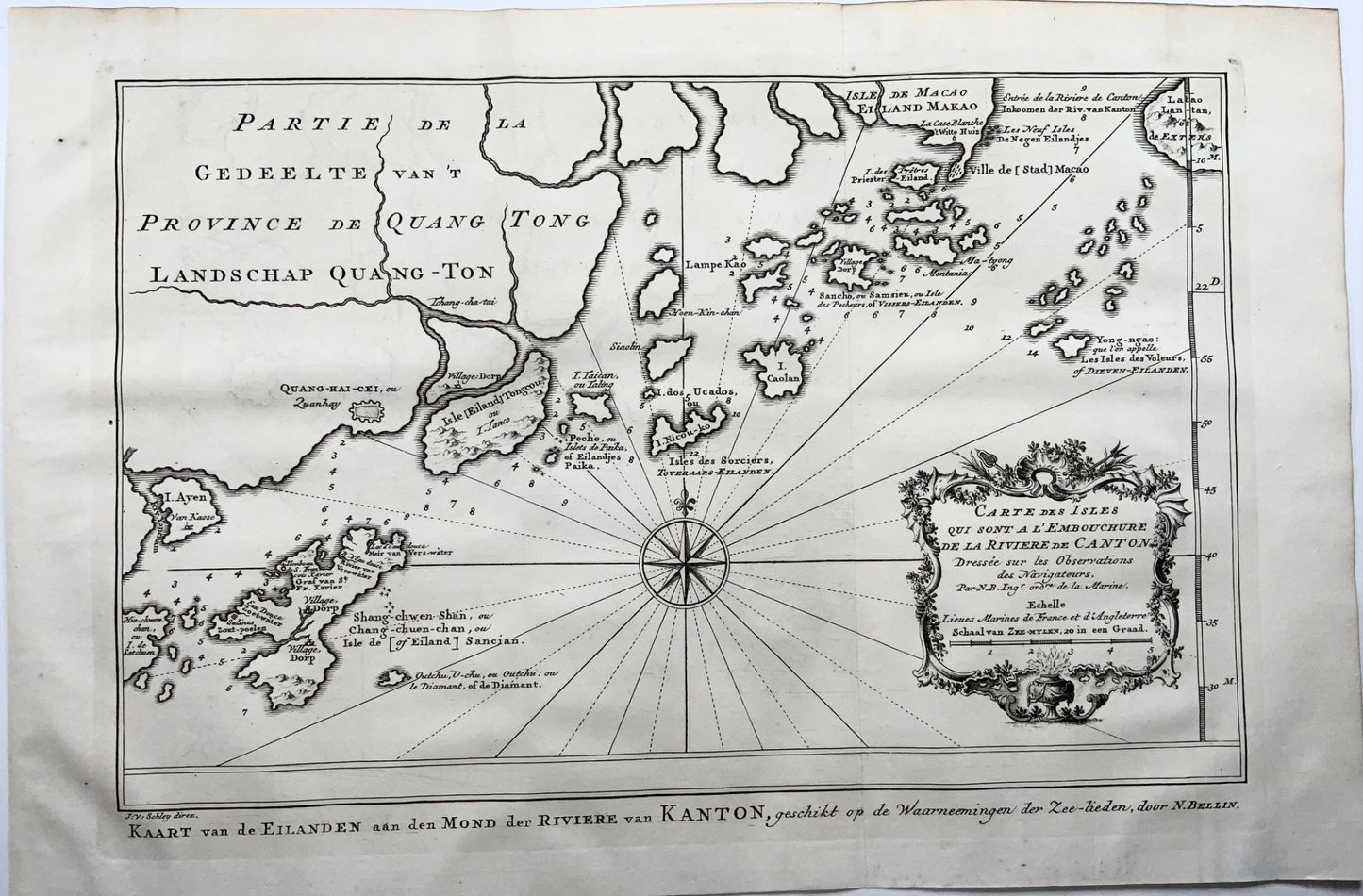 1771 Bellin / Schley, map of Pearl River Delta, Lantau island, Macao