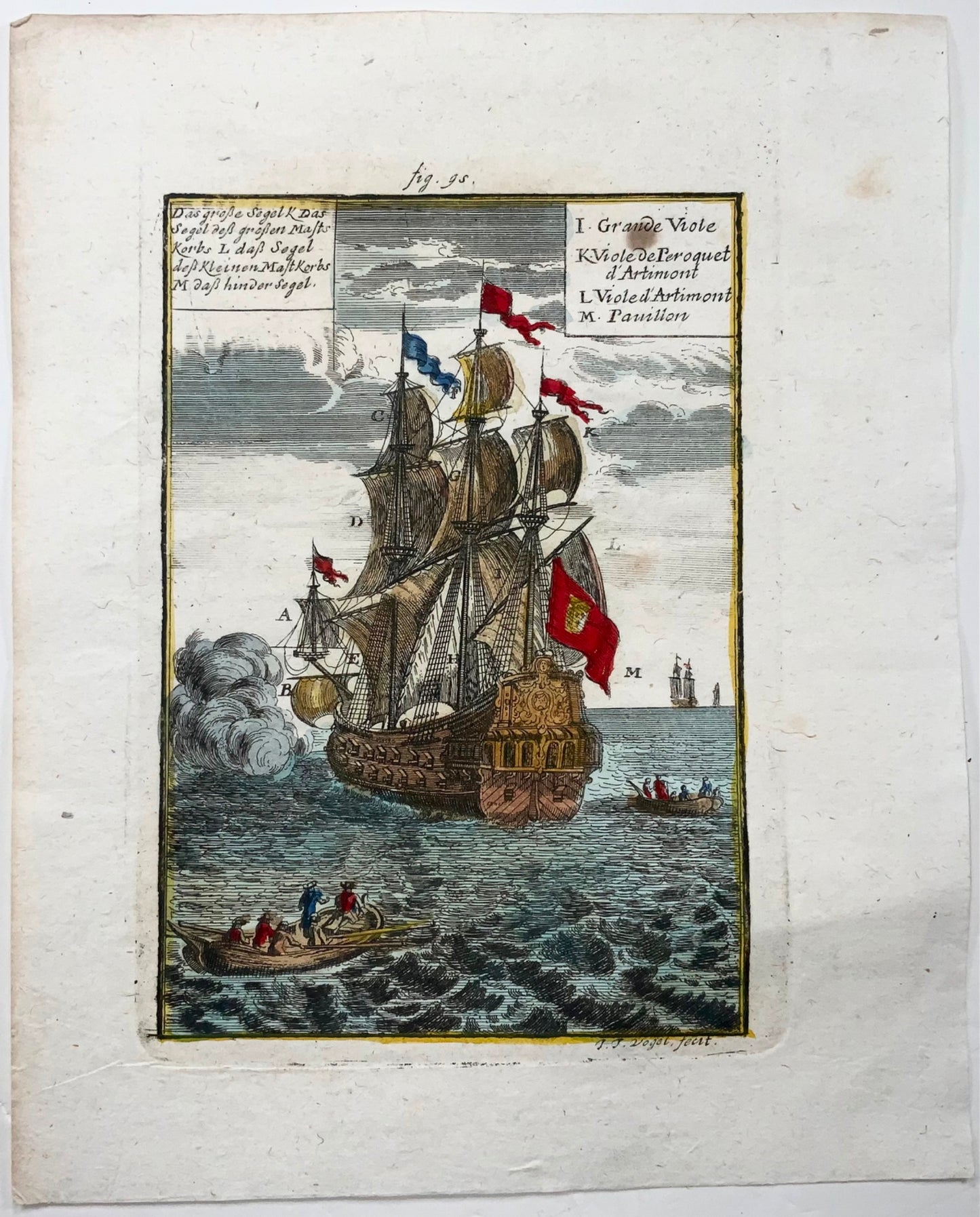 1719 Man-o-War, Battle Ship, Mallet, Hand coloured engraving, Transportation