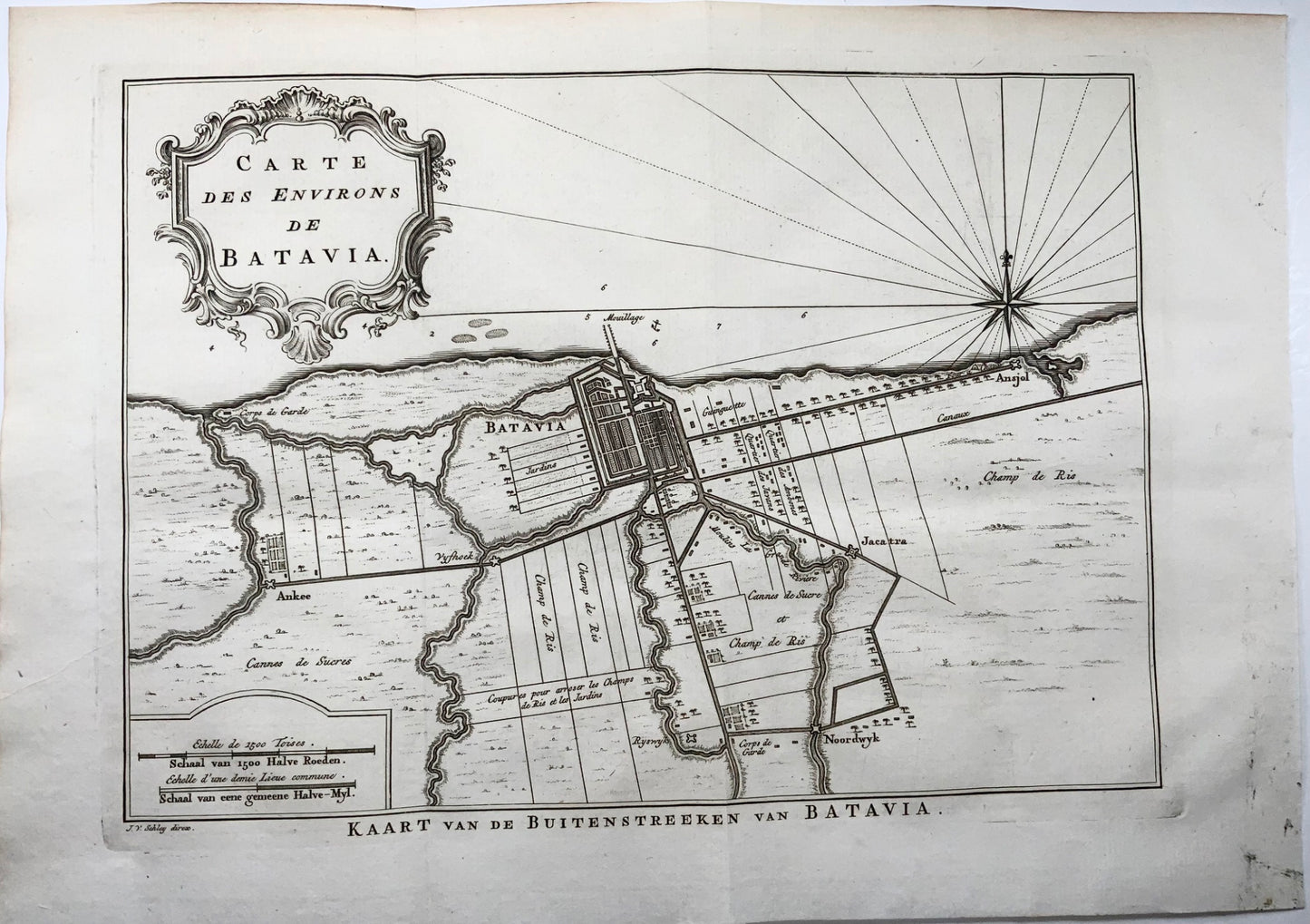 1752 J.V. Schley, Carte des Environs de Batavia, map, Indonesia, Travel
