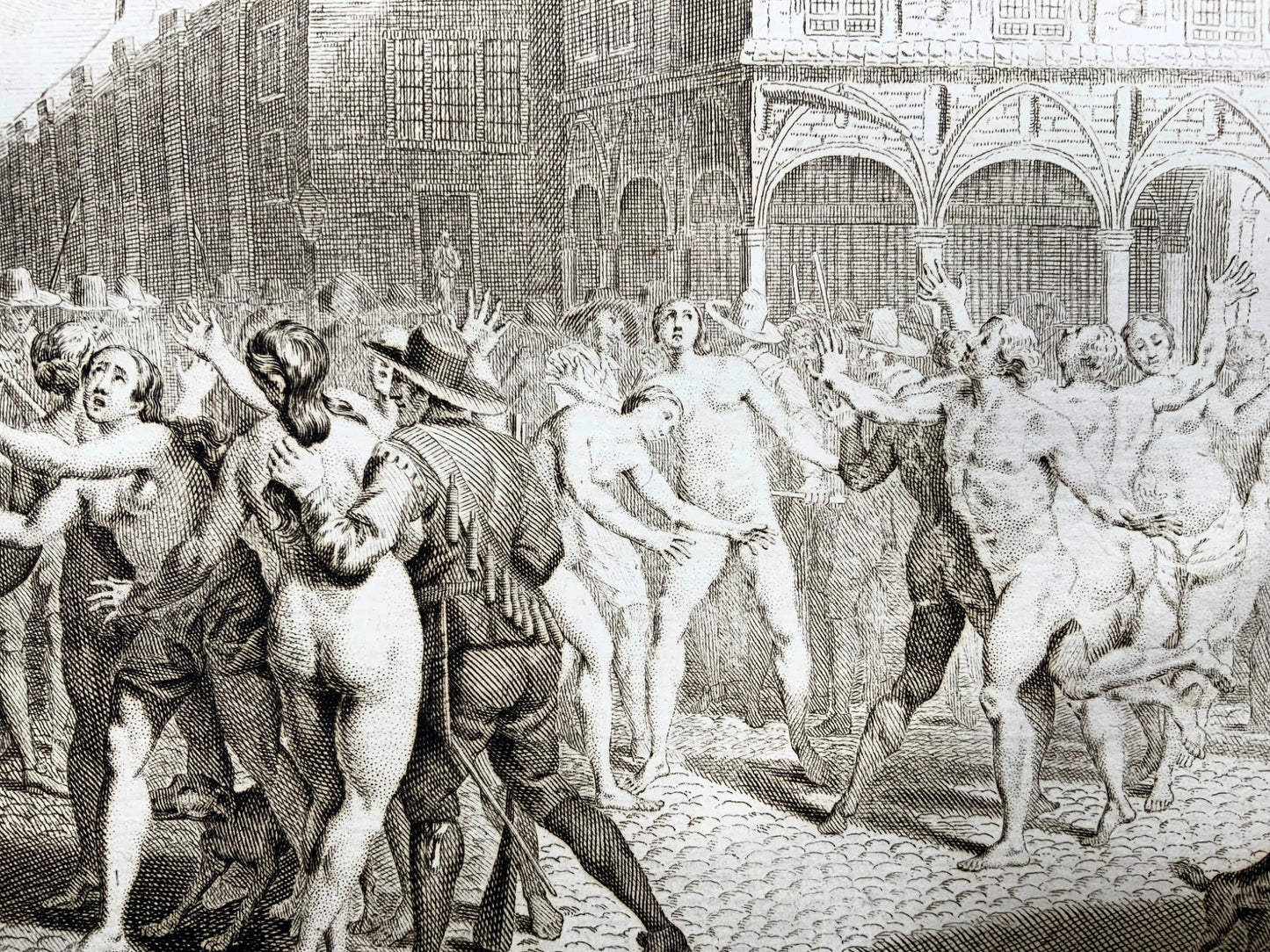 1723 Adamites arrested in Amstadam, Bernard Picart, copper engraving, religious art