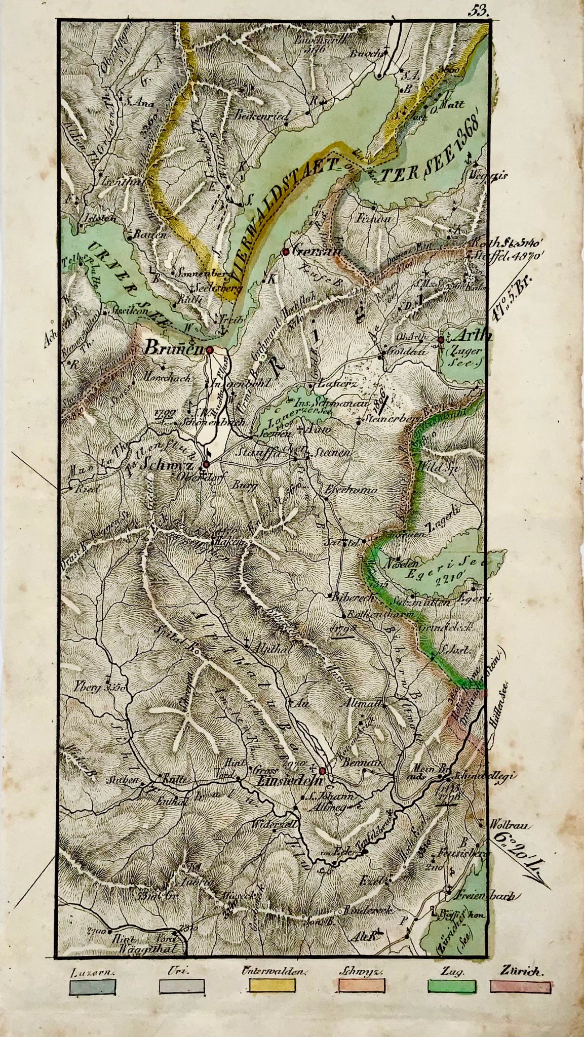 1840c Rare carte détaillée de la Suisse centrale, coloriée à la main