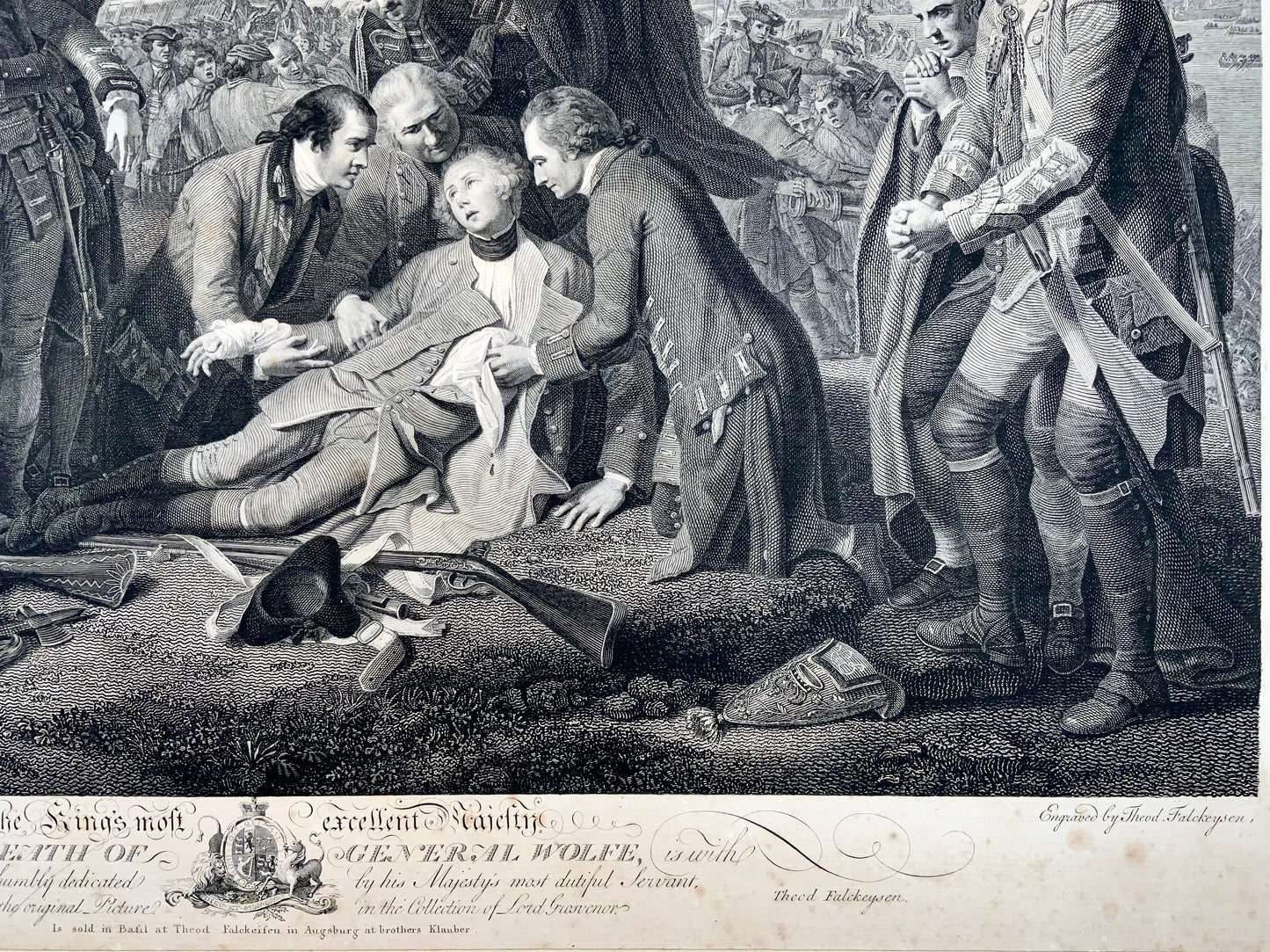 1789 "La Mort du Général Wolfe", eau-forte d'après Benjamin West, marouflée sur vélin - Art classique, Militaire