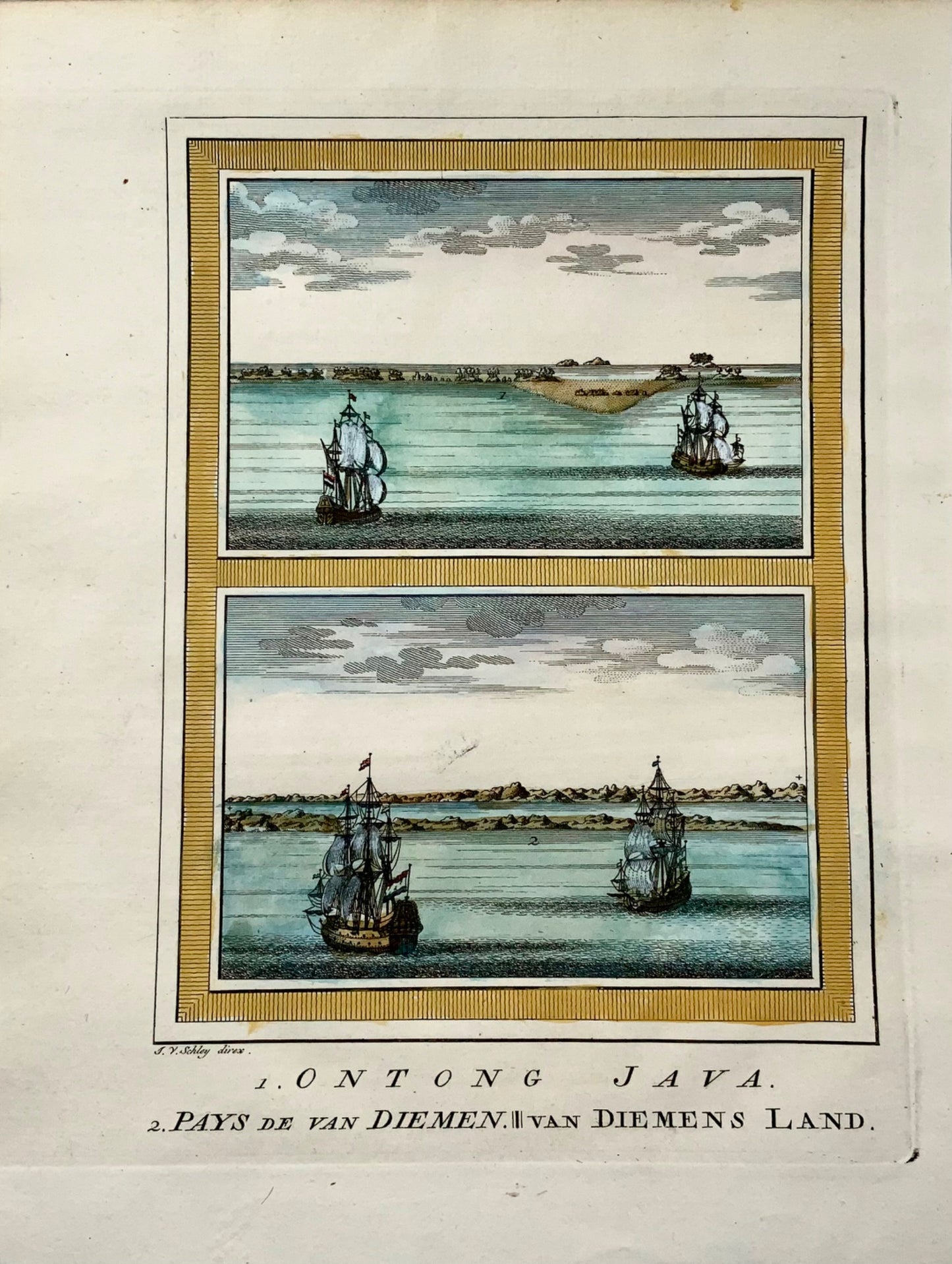 1750 Tasmania, Australia, Java, Schley, hand coloured engraving, foreign topography, map