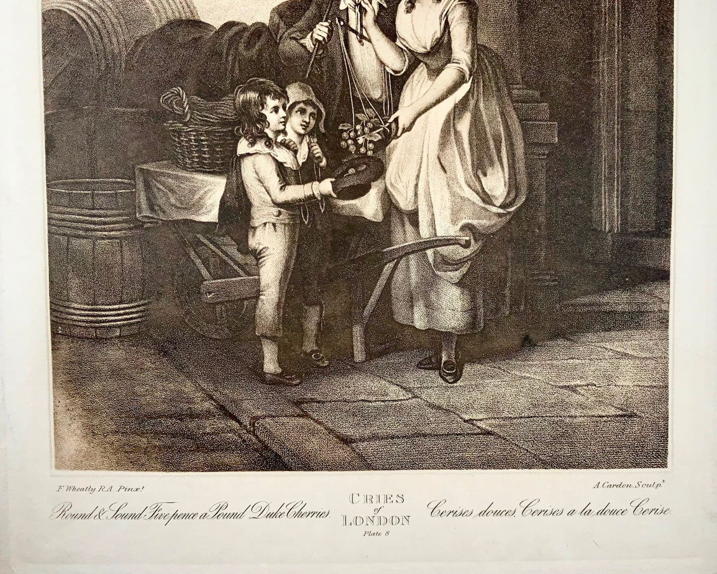 1795 Fr. Wheatley, Cries of London, Fruit Seller, grande gravure en pointillé in-folio, métiers