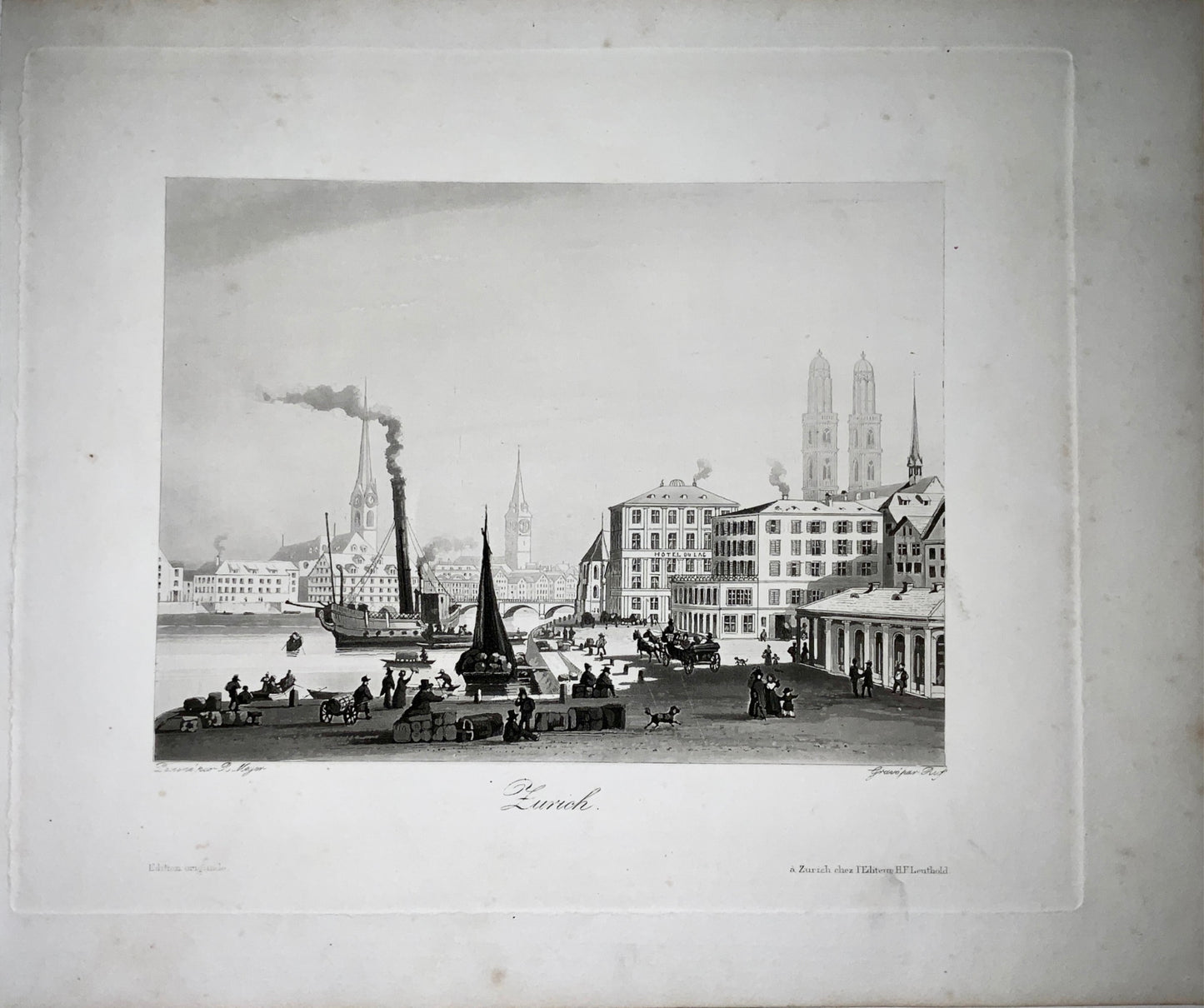 1845 Ruf after R. Meyer ZÜRICH Switzerland Steam ship - Fine aquatint