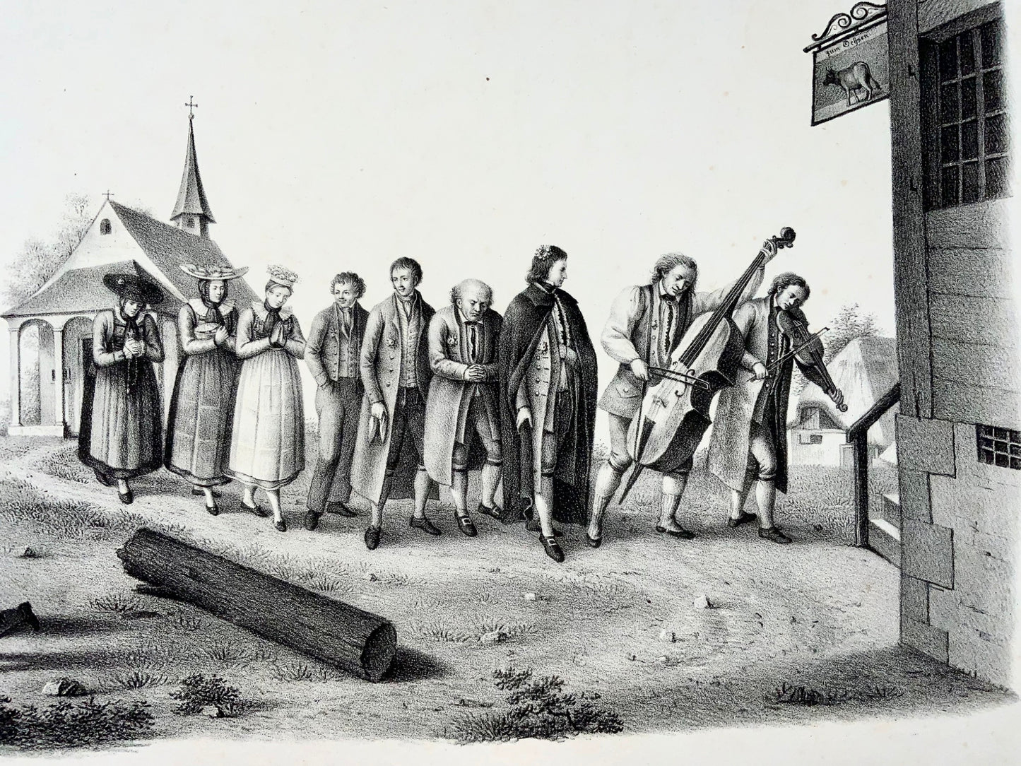 1820 Quitter la chapelle pour le Gasthaus, Lucerne Suisse lithographie 49cm