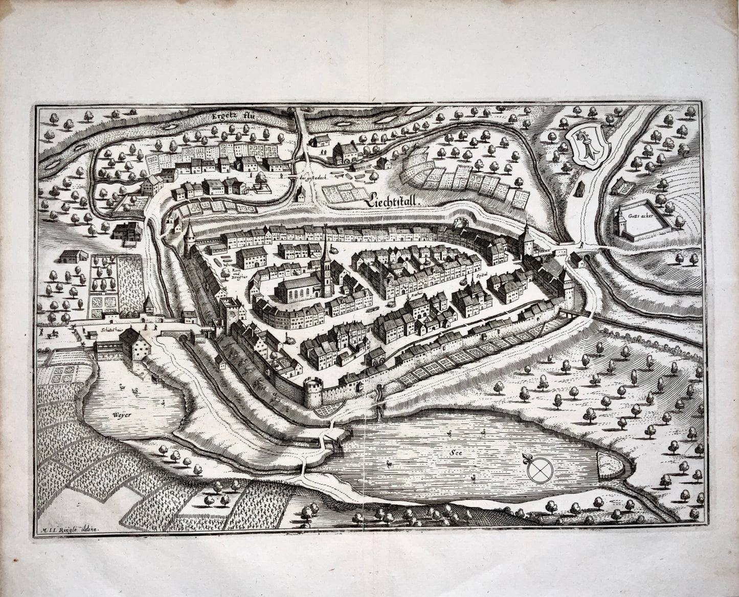 1654 Matthäus Merian - Large double folio - LIESTAL in Basel Switzerland - Map