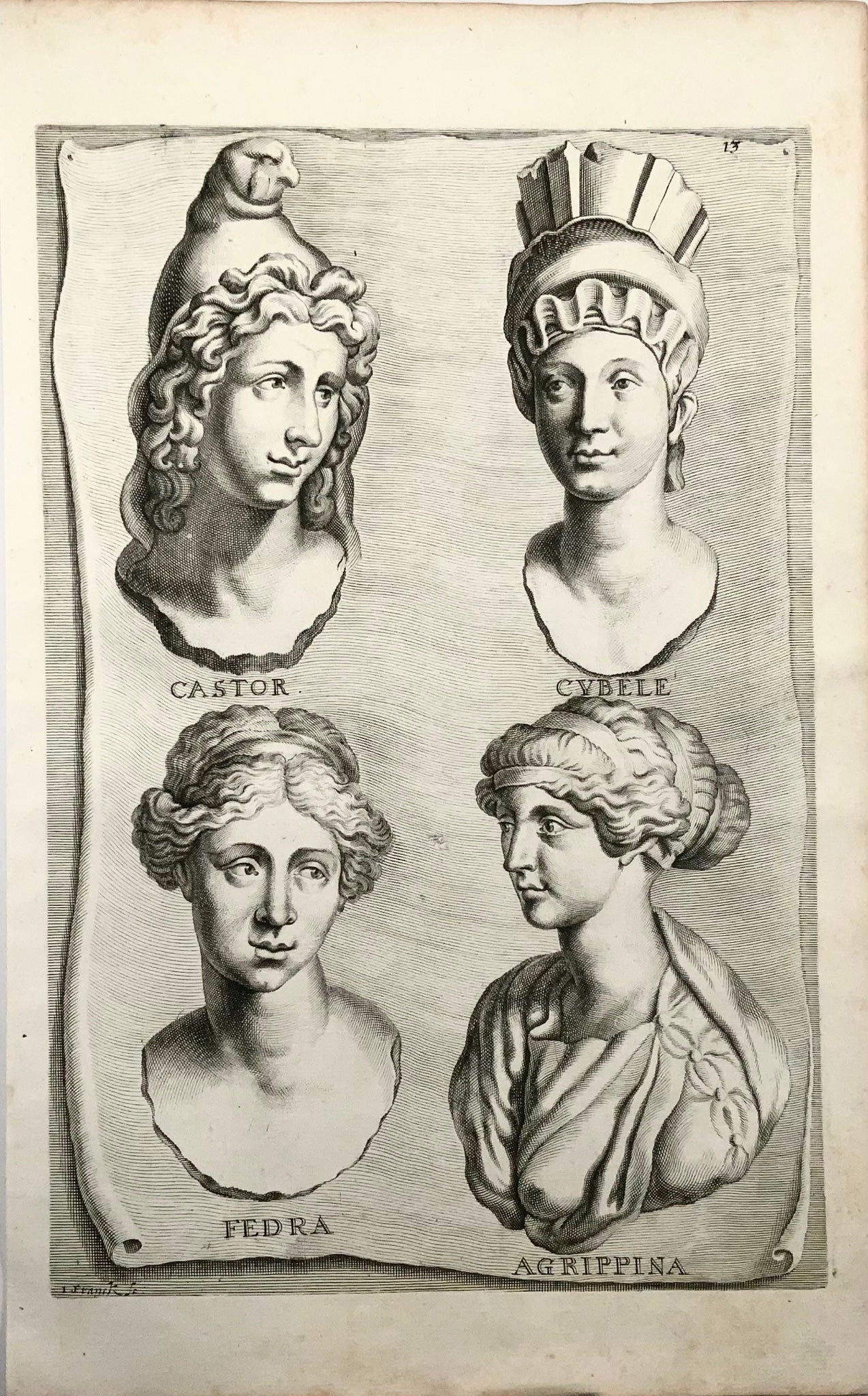 1676 Castor, Cybèle, Fedora, Agrippine, Franck d'après Sandrart, gravure in-folio, mythologie