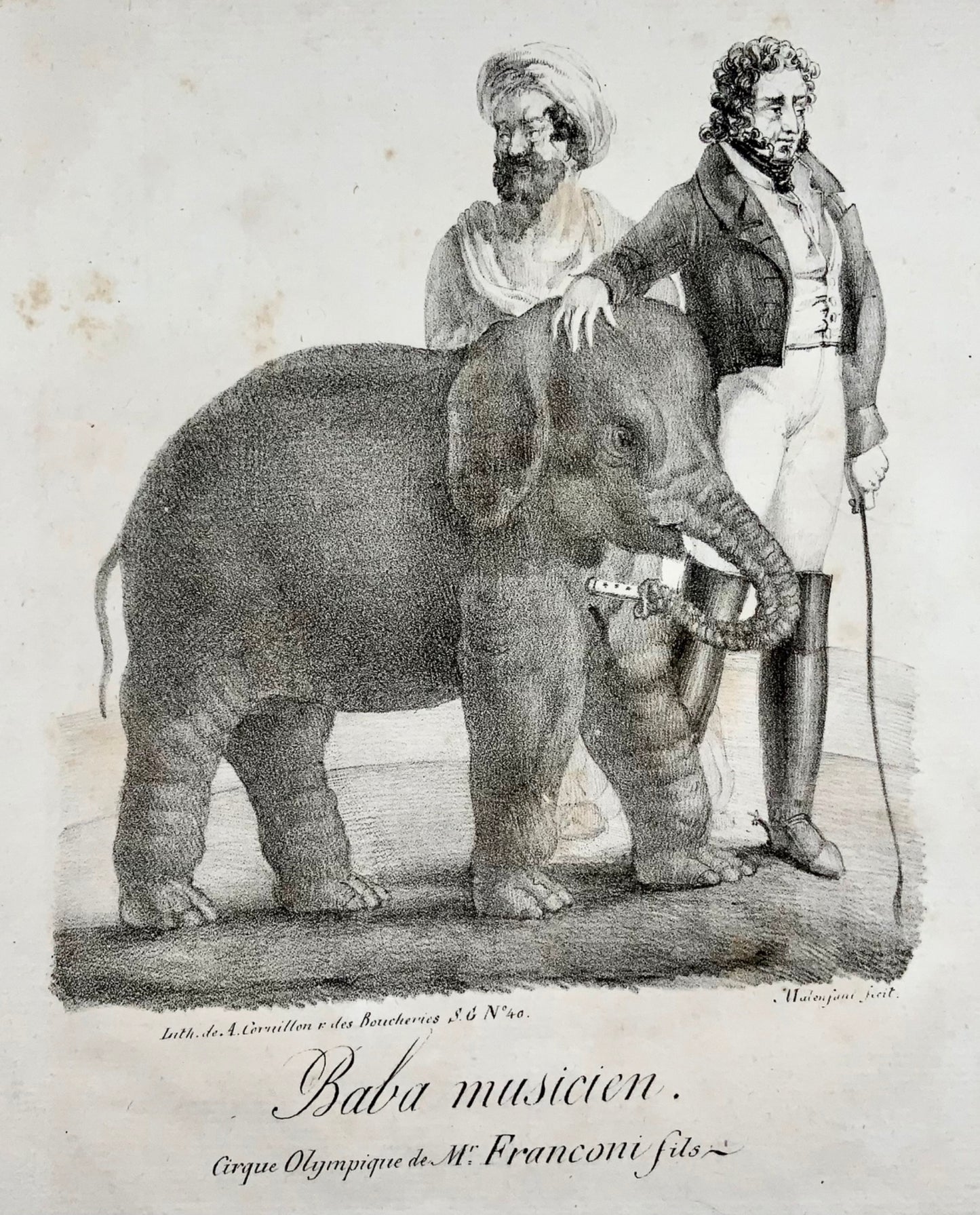 1820c Baba Musical Elephant, Cirque Olympique, Hand bill, stone lithograph, mammal