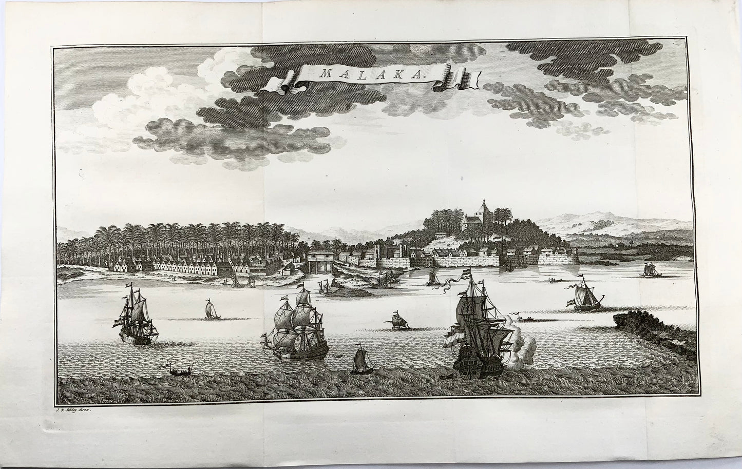 1760 J. van der Schley, Malacca, Malaysia, panoramic view, map