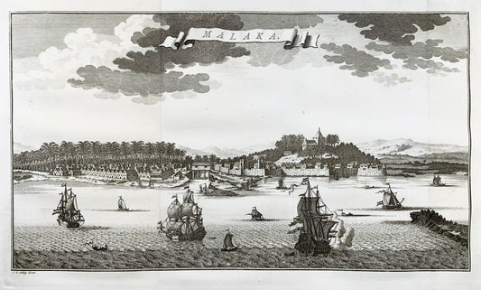 1760 J. van der Schley, Malacca, Malaysia, panoramic view, map