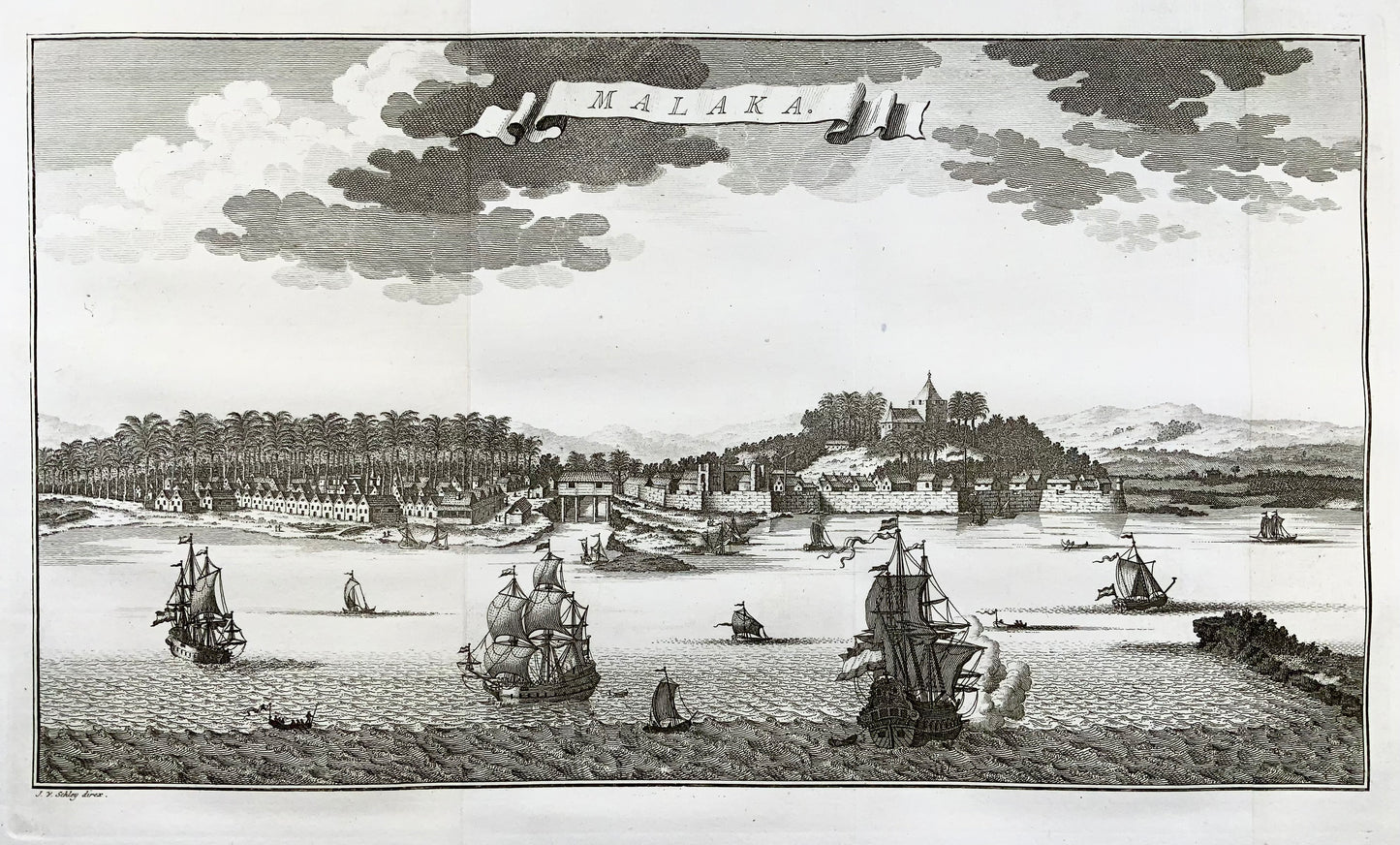 1760 J. van der Schley, Malacca, Malesia, vista panoramica, mappa