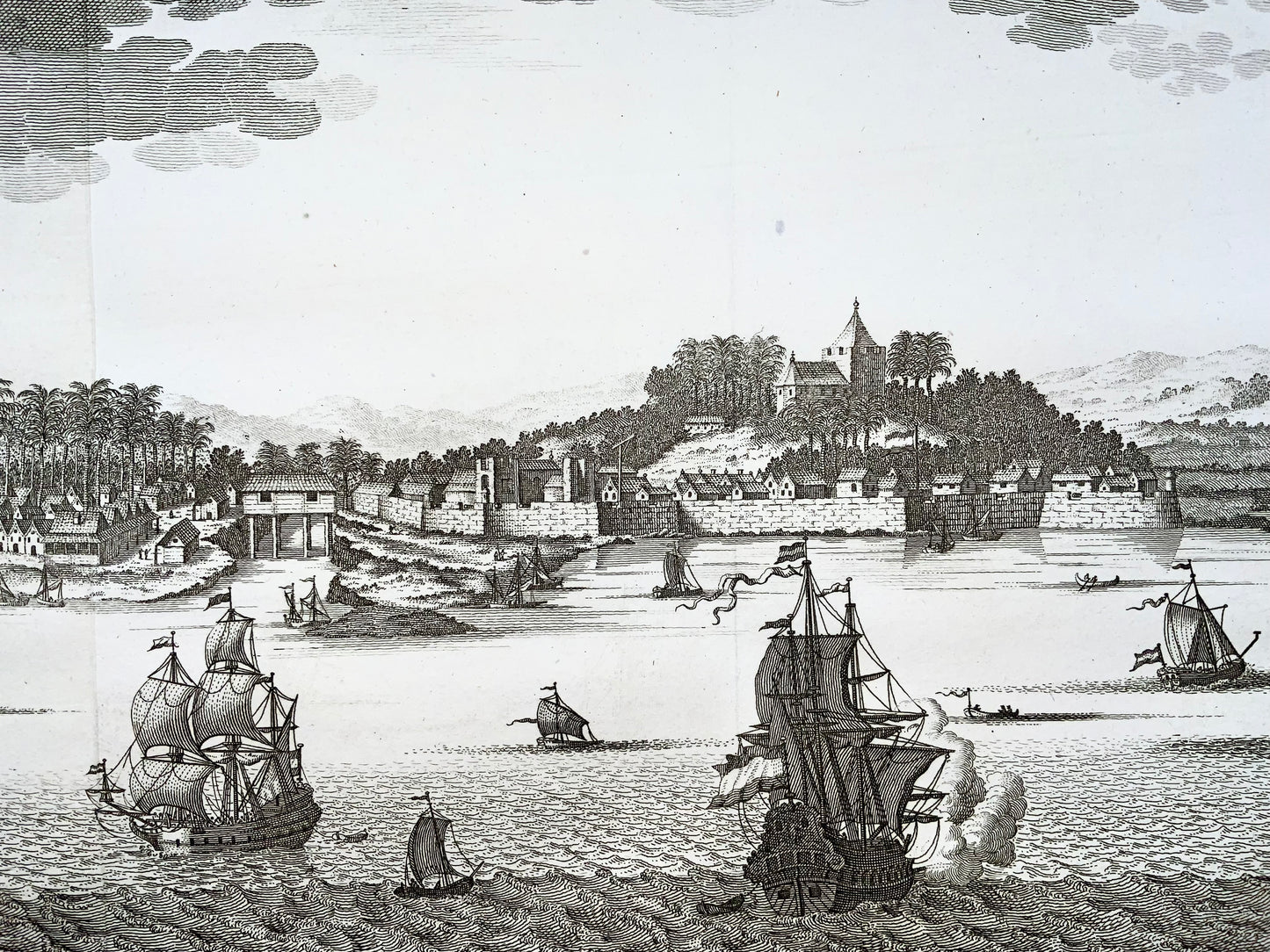 1760 J. van der Schley, Malacca, Malesia, vista panoramica, mappa