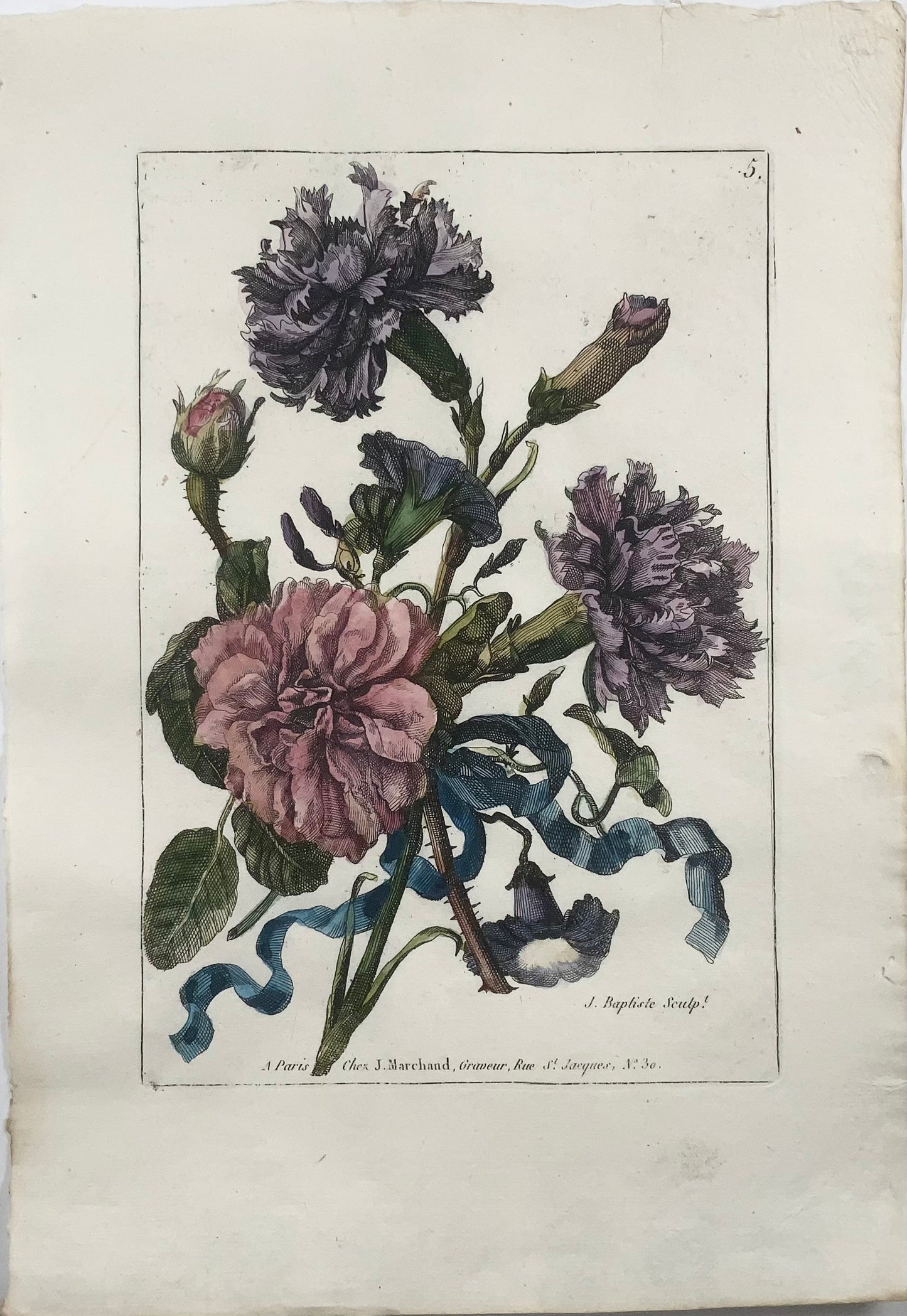 1780 Bouquet floreale, Jean-Baptiste Coste, rose, colorate a mano, botanica