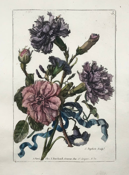 1780 Bouquet Floral, Jean-Baptiste Coste, roses, coloriées à la main, botanique