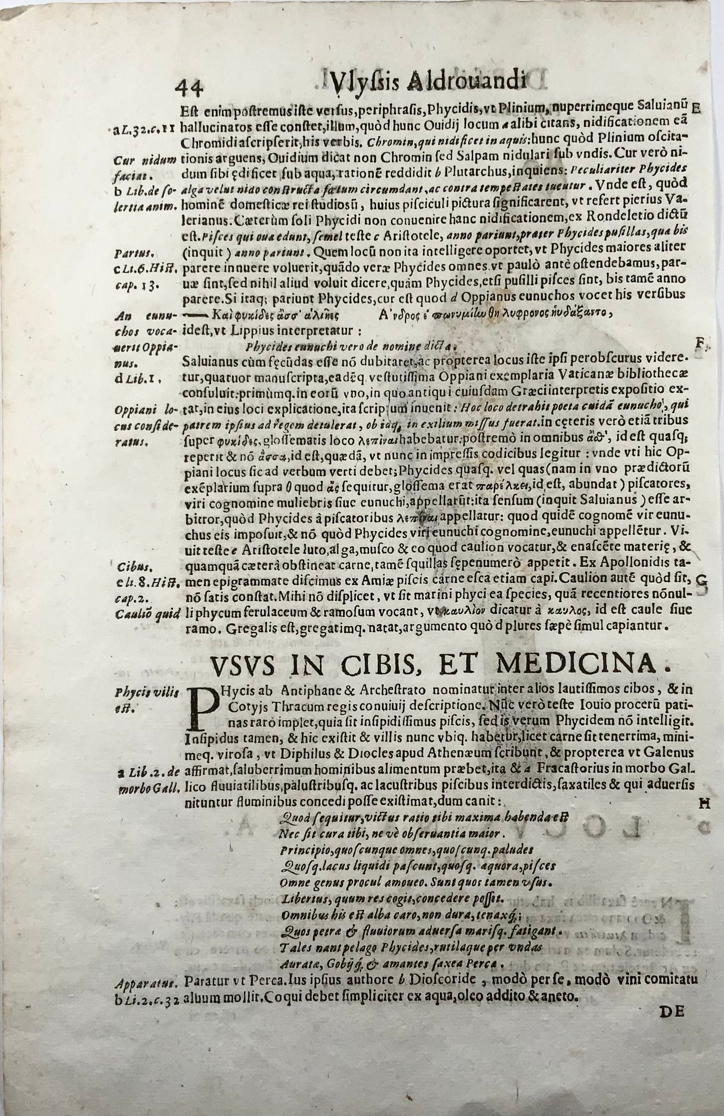 1638 Phylis Salviani, Pesce forcone, Aldrovandi, grande foglia xilografica in folio