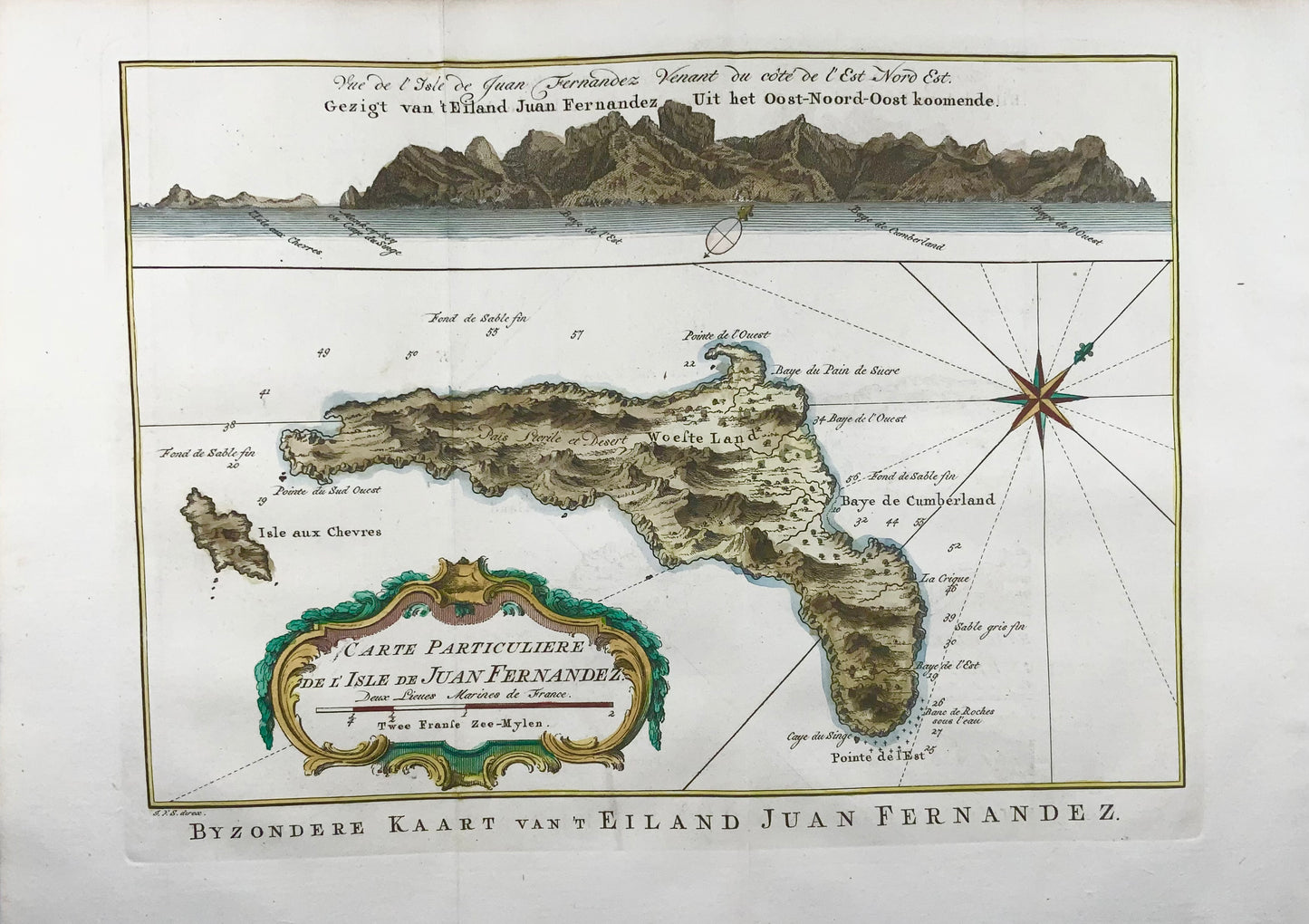 1741 Isola di Juan Fernandez, Cile, Schley, mappa colorata a mano
