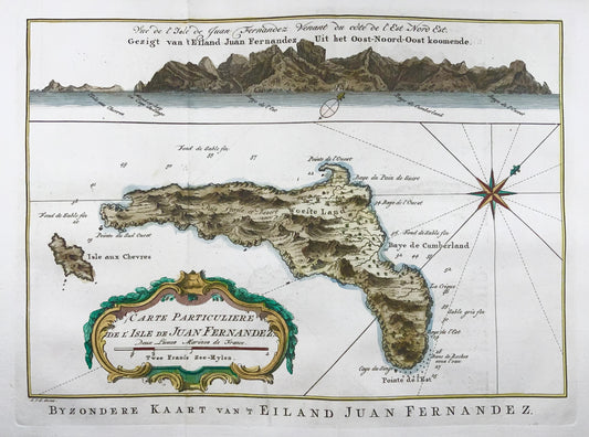 1741 Île de Juan Fernandez, Chili, Schley, carte coloriée à la main