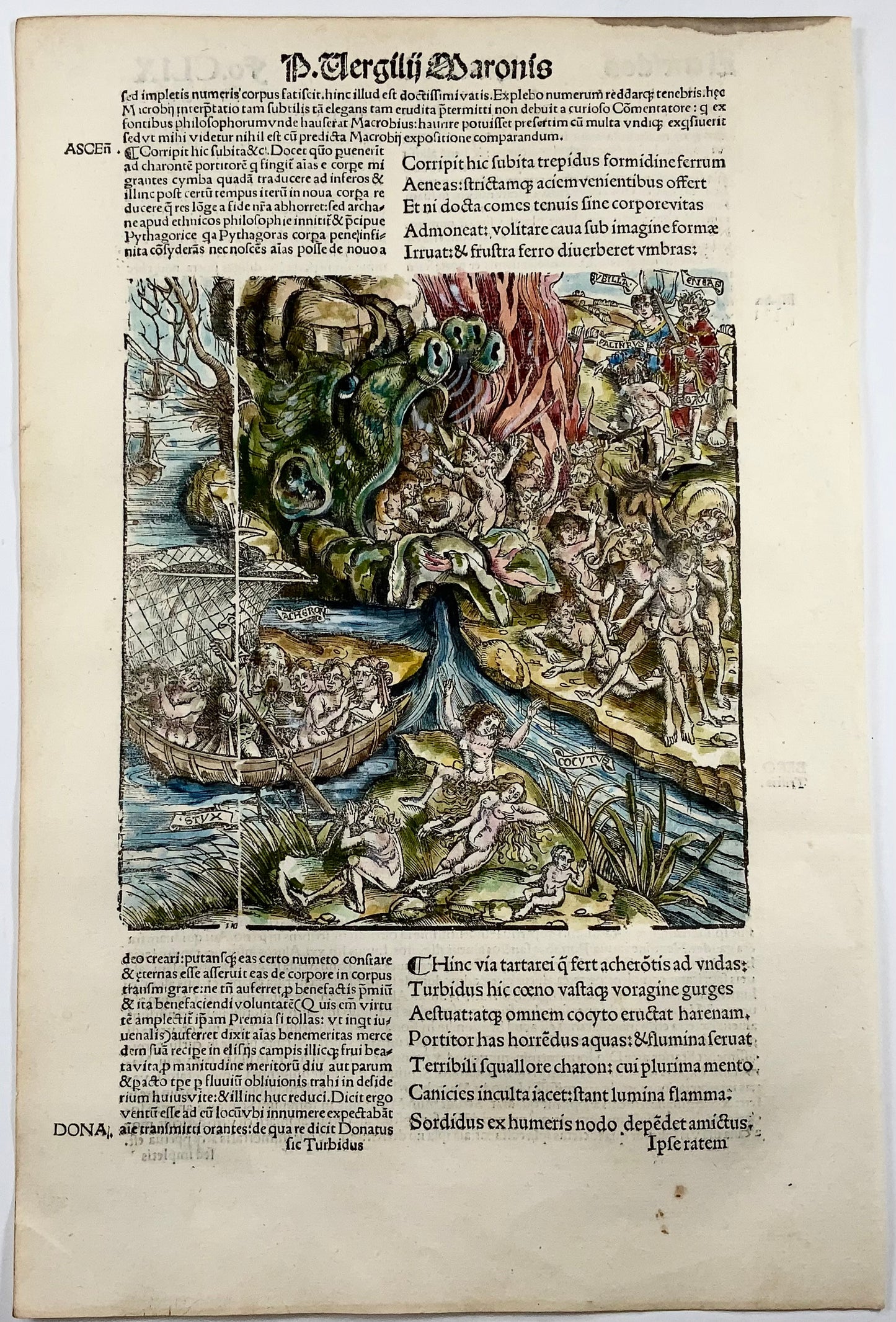 1515 Les Enfers, feuille gravée sur bois Folio Gruninger, L'Énéide de Virgile, couleur à la main, gravure de maître