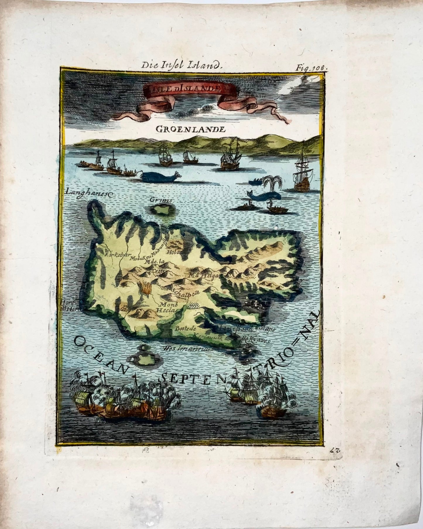 1719 Iceland, miniature map by Mallet, hand coloured