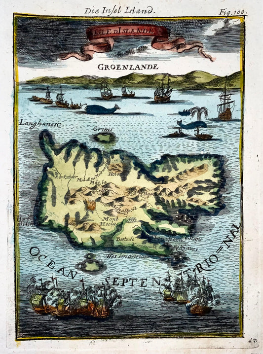 1719 Iceland, miniature map by Mallet, hand coloured