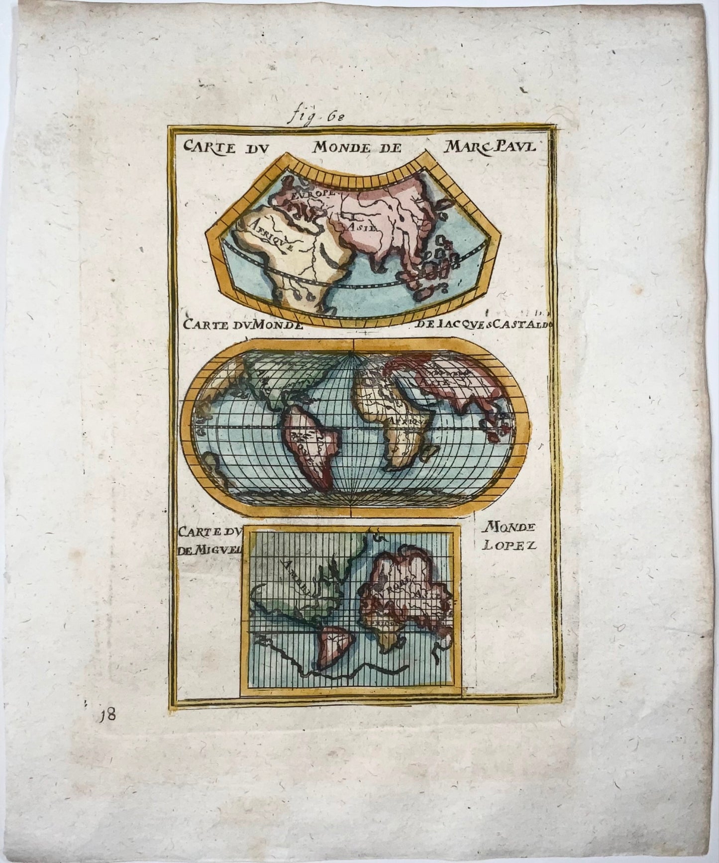 1719 Depictions of known world, Mallet, hand coloured map