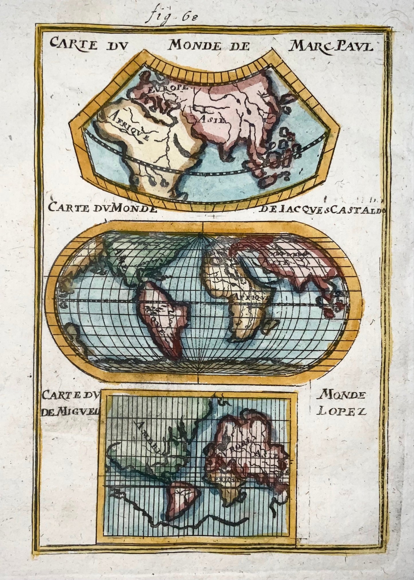 1719 Depictions of known world, Mallet, hand coloured map
