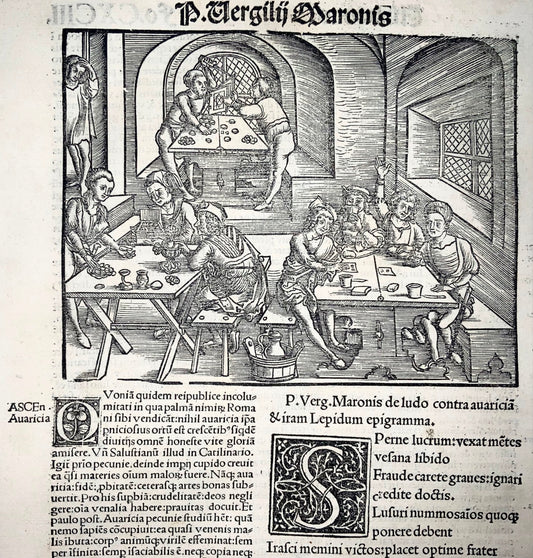 1517 Folio Gruninger woodcut leaf, card players, dice, betting