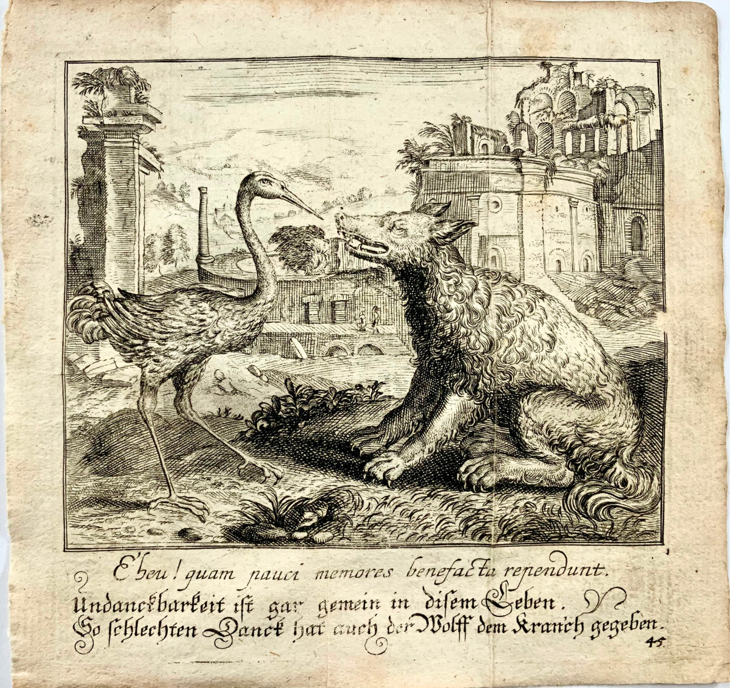 1689 Christoph Schmidts, incisione dell'emblema, La gru e il lupo, Esopo
