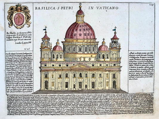 1624 Laurus (Lauro), Basilica St. Peters, Vatican, Rome, hand coloured engraving, classical architecture