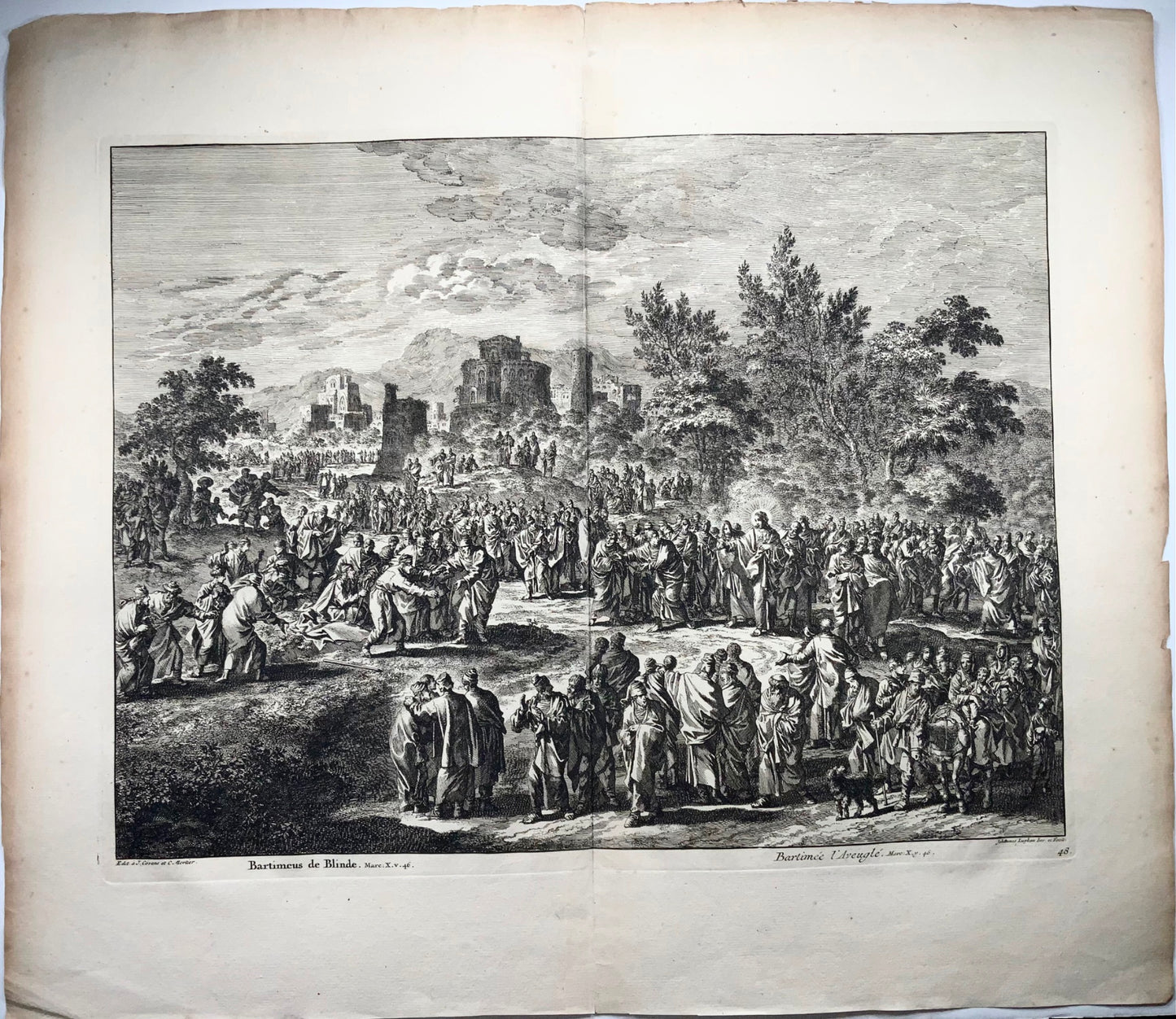 1708 Bartimaeus the blind man, J. Luyken, bible, large double page folio 52.8 cm