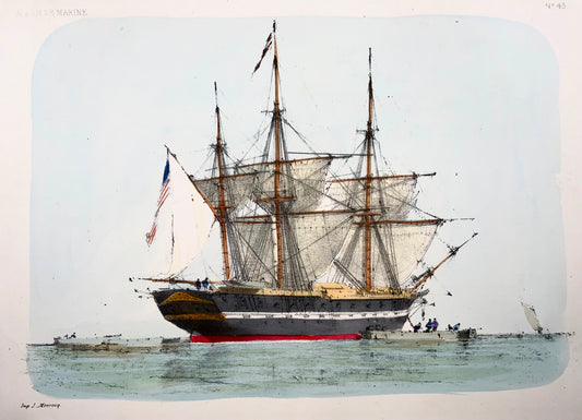 1865 American Frigate, L. Lebreton, ship, folio stone lithograph, hand colour