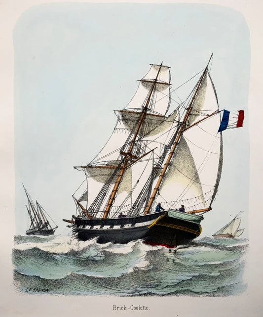 1865 Brig Schooner, L. Lebreton, ship, folio stone lithograph, hand colour