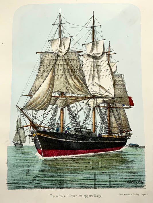 1865 Clipper, L. Lebreton, ship, folio stone lithograph, hand colour