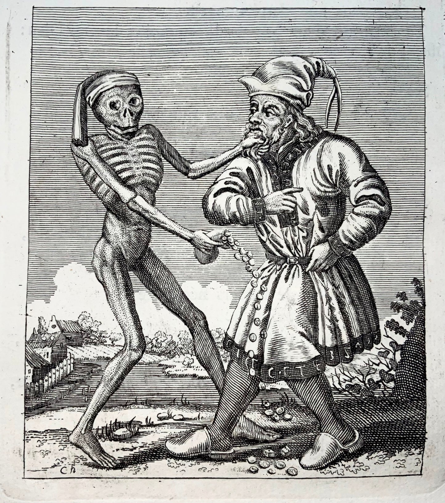 1744 Merian, Dance of Death, the Jew, copper engraving