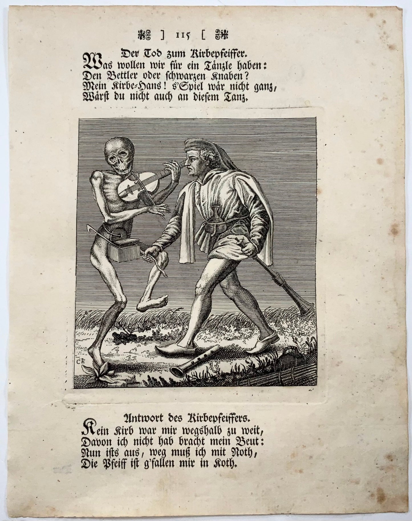 1744 Merian, Dance of Death, the Musician, copper engraving