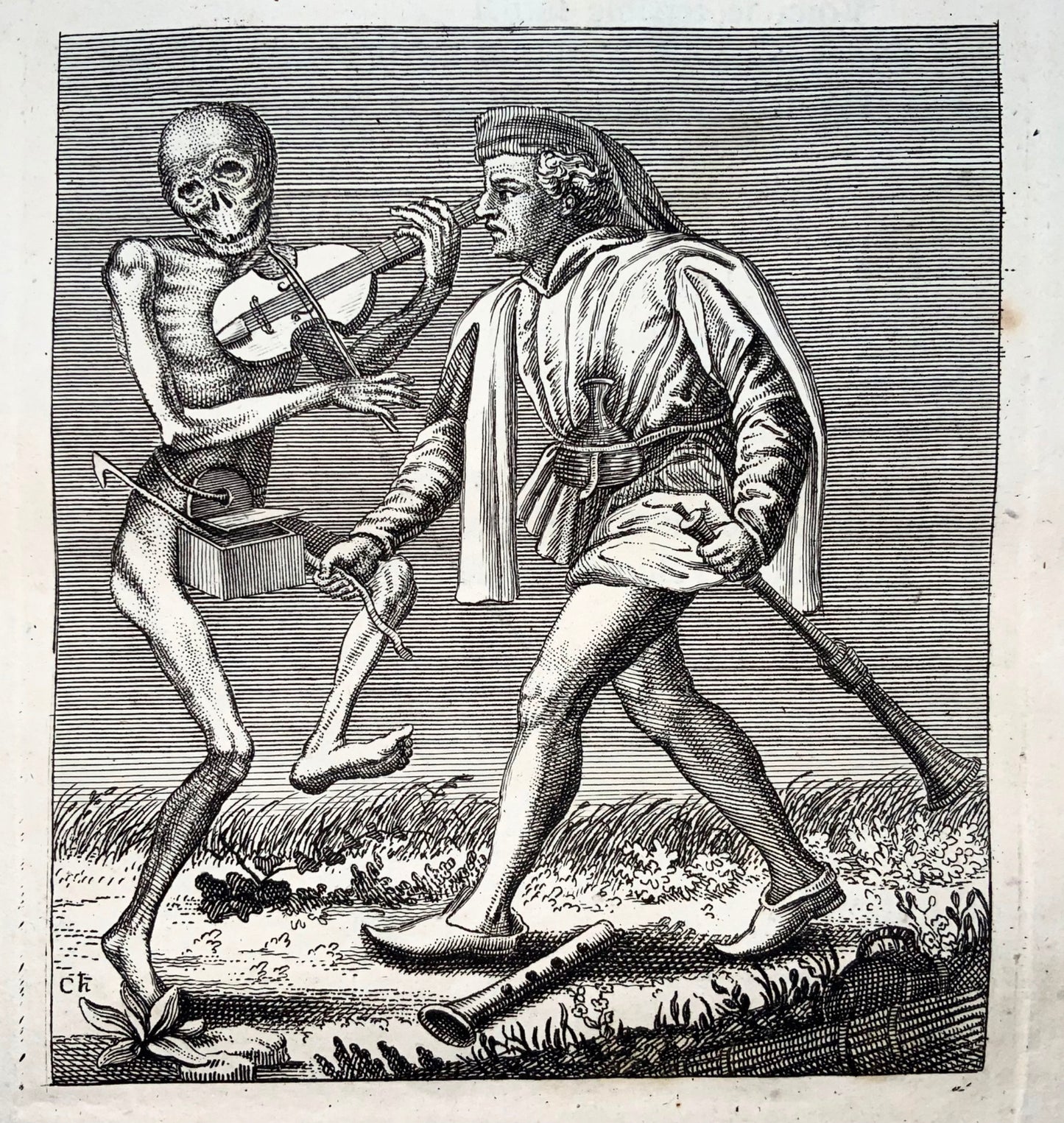 1744 Merian, Dance of Death, the Musician, copper engraving