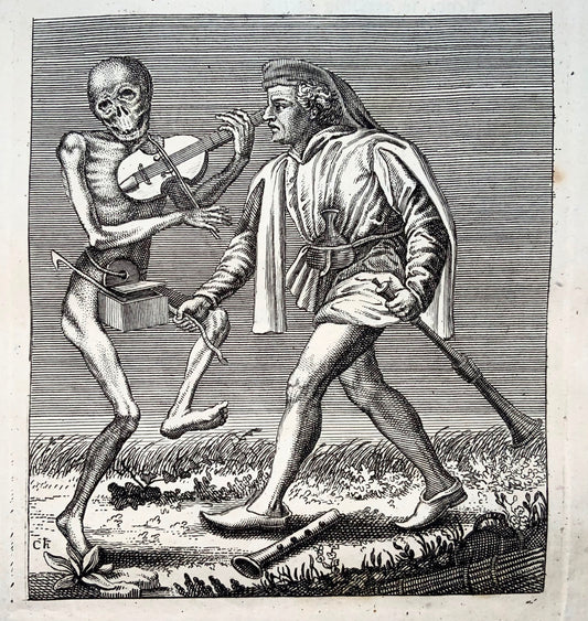 1744 Merian, Dance of Death, the Musician, copper engraving